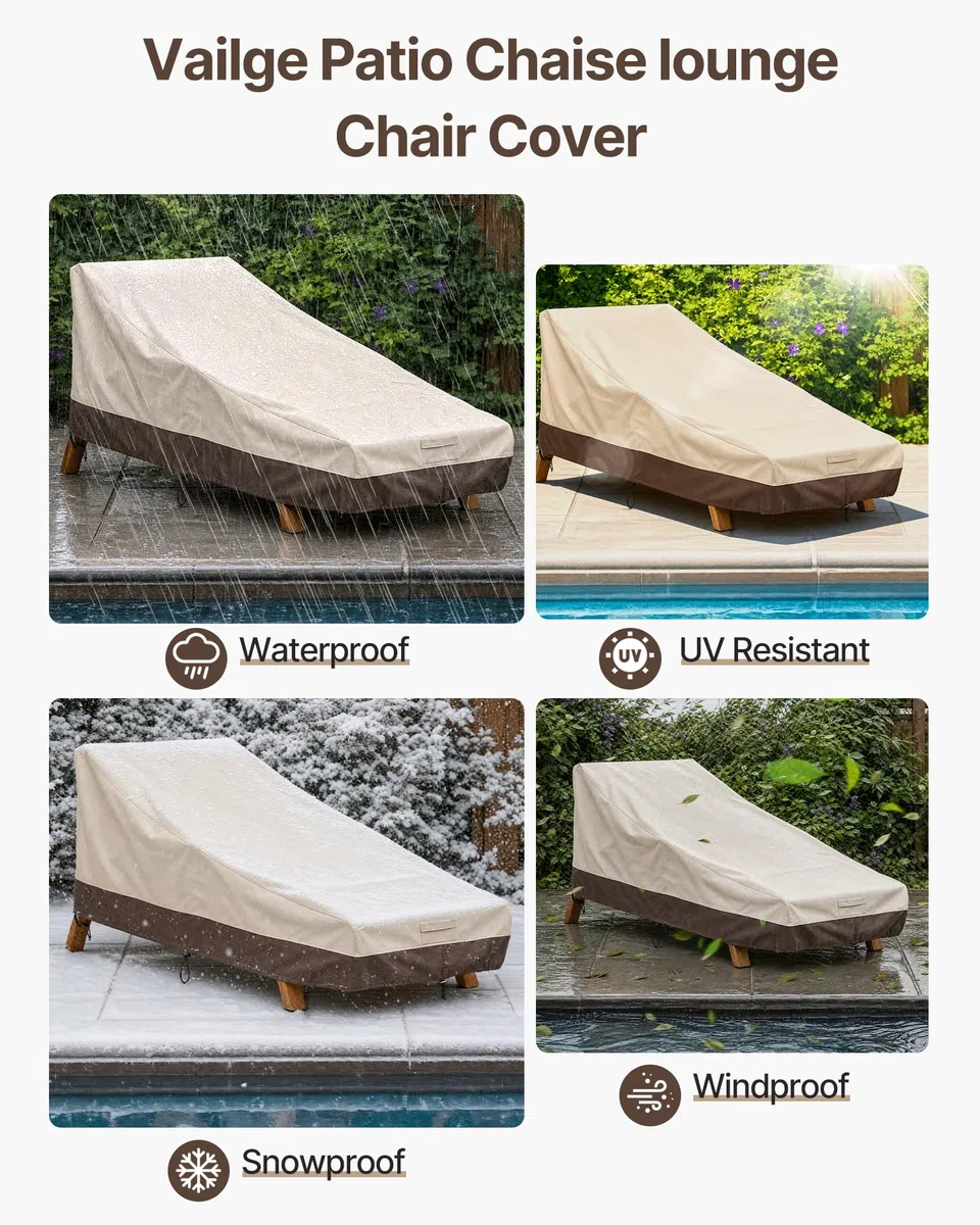 Vailge Copertura impermeabile per chaise longue da patio, 600D, resistente ai raggi UV, 2 pezzi, colore: beige e marrone