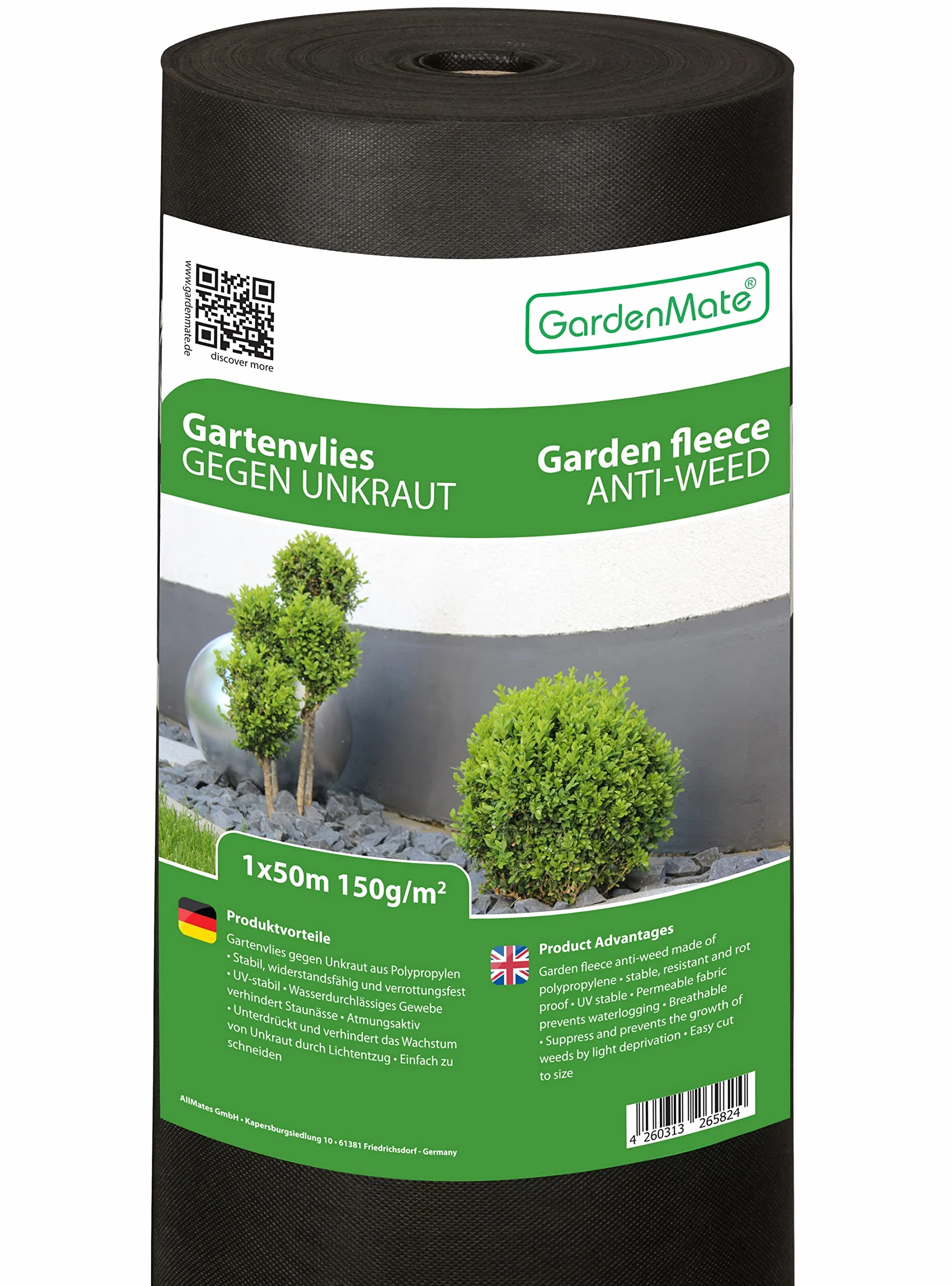 GardenMate 1m x 50m Rotolo Telo per Pacciamatura 150 g/m² - Rotolo Telo Antistrappo Contro Le Erbacce - Elevata stabilizzazione ai Raggi UV - Permeabile - 1m x 50m = 50 m²