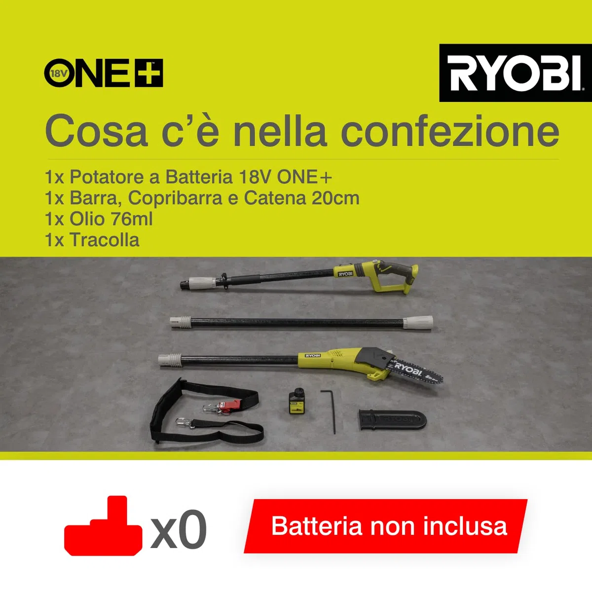 Ryobi OPP1820 Potatore a Batteria 18V ONE+, Impugnatura Ergonomica, Batteria Non Inclusa, Barra 20 cm, Velocità Catena 5,5 m/s