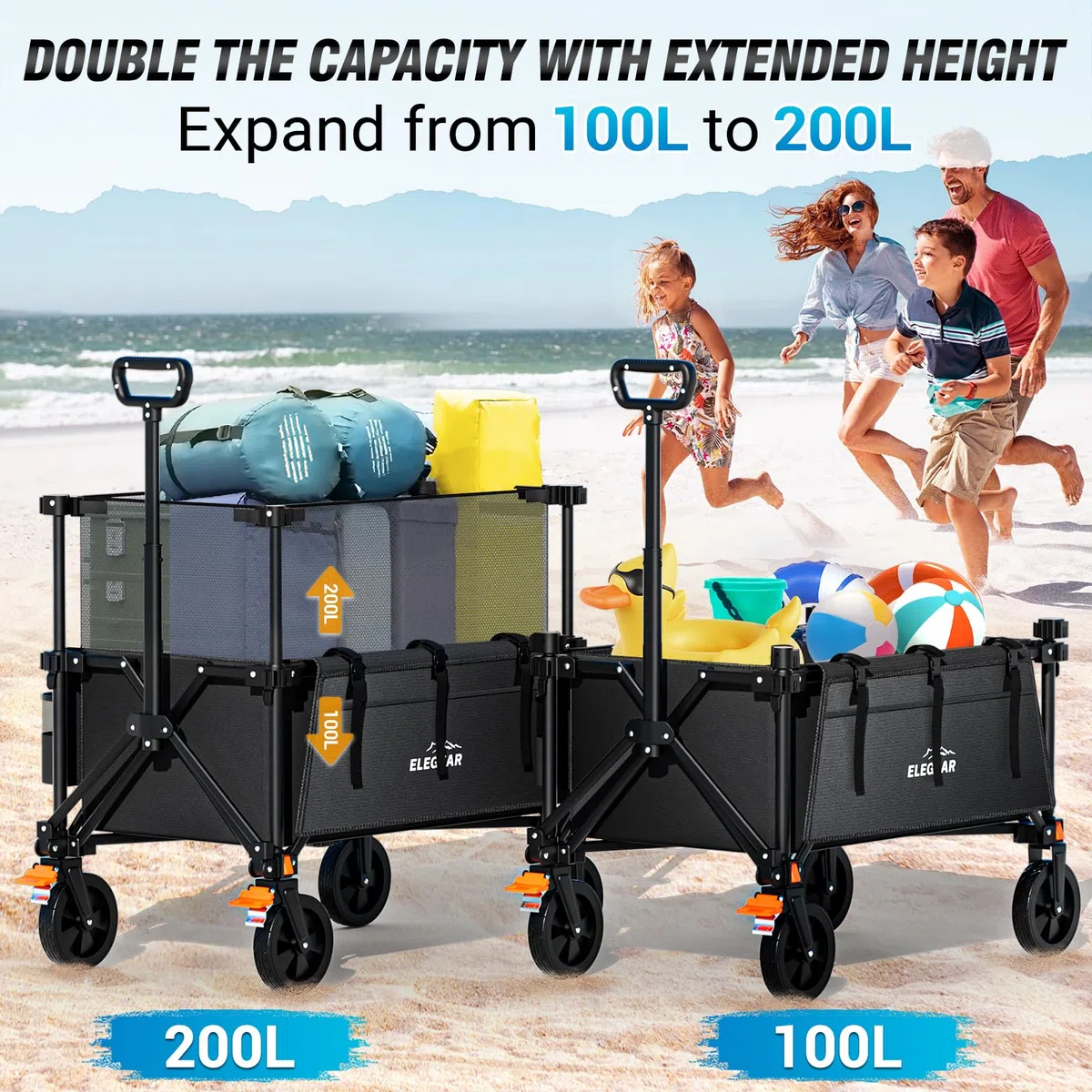 Elegear 200L Carrello Spiaggia Portatutto Regolabile, Carrello Pieghevole con Ruote Tutti i Terreni con Freno, Carrello Campeggio Trolley Carrello da Trasporto Giardino Supermercato Mare Carico 200KG