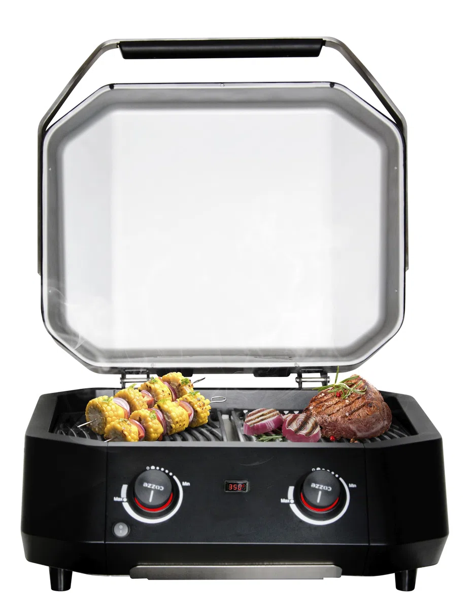 Cozze® E-500 Barbecue elettrico 2 zone – 2100 W, 230 V, area 51 x 39 cm, termometro digitale, 2 resistenze inox SS430, manopola LED, vaschetta raccogli-grassi, fino a 400°C
