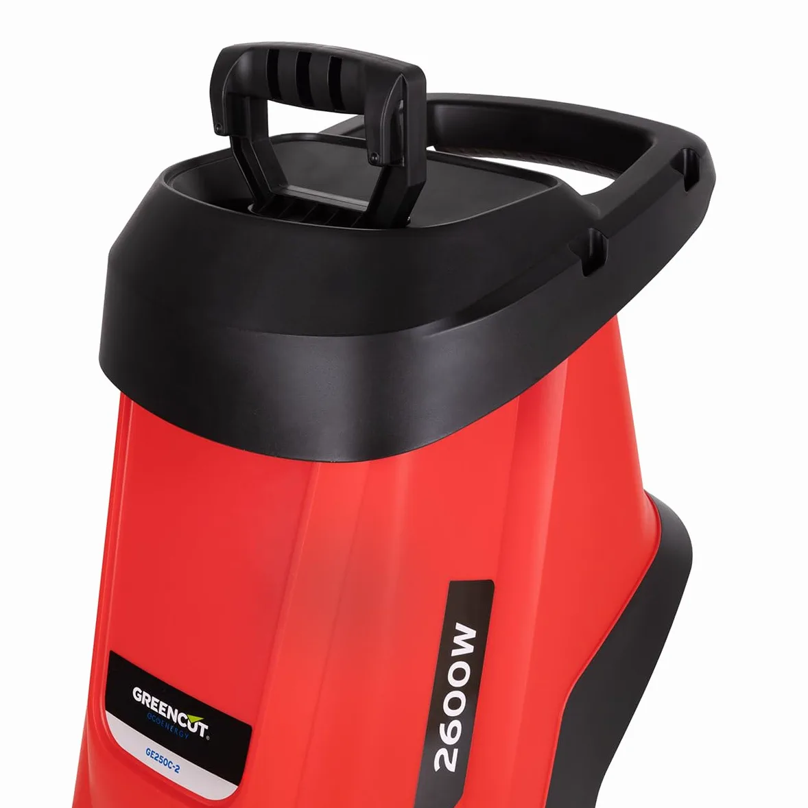 GREENCUT GE250C-2 - Biotrituratore elettrico, potenza 2600W, capacità di taglio 45mm, tramoggia grande, 2 sacchi di raccolta da 45l, ruote e maniglia di trasporto, rosso