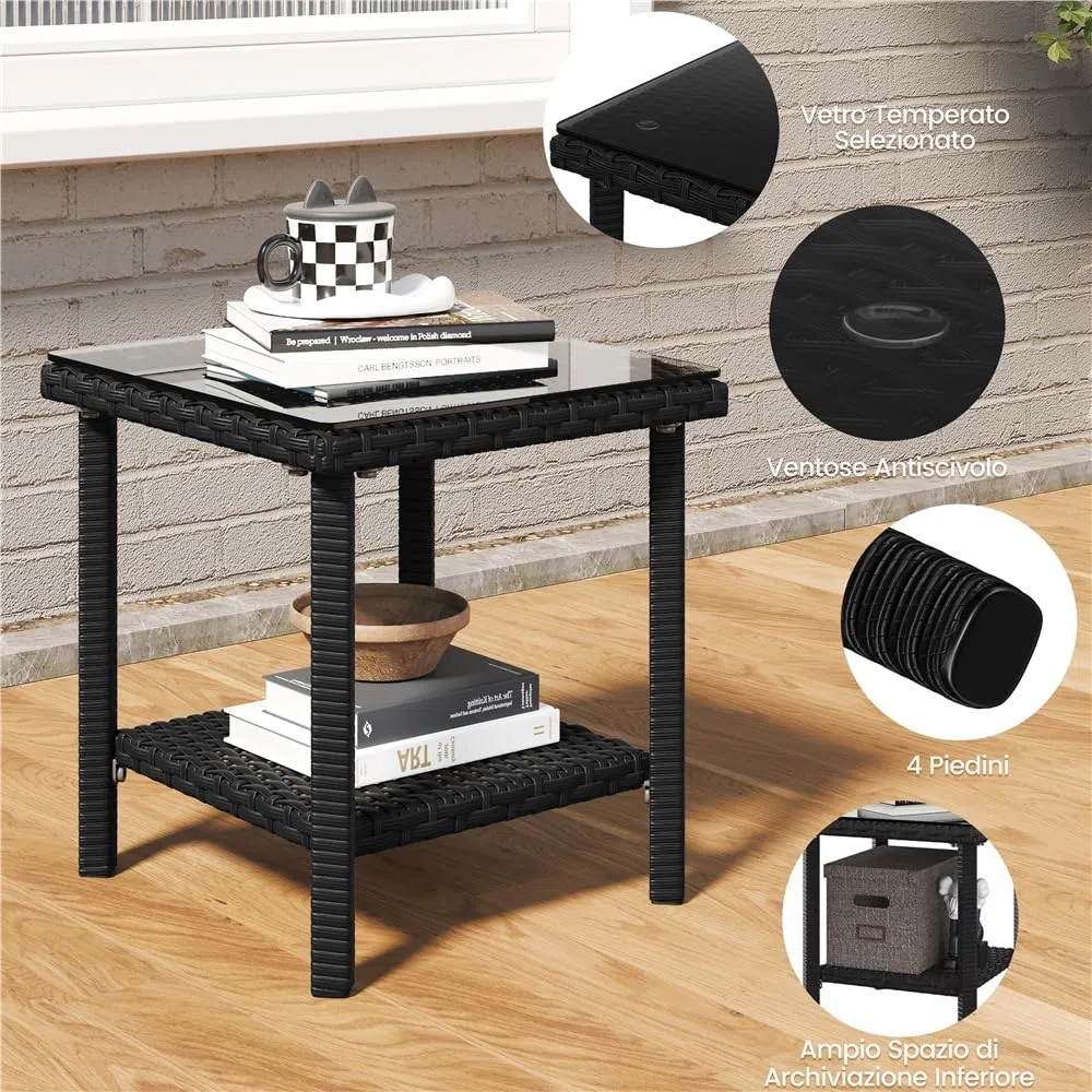 Yaheetech Set di 5 Mobili da Giardino in Rattan PE Mobili da Balcone con 2 Poltrone 2 Poggiapiedi 1 Tavolino in Vetro per Esterno Patio Terrazza Nero/Beige