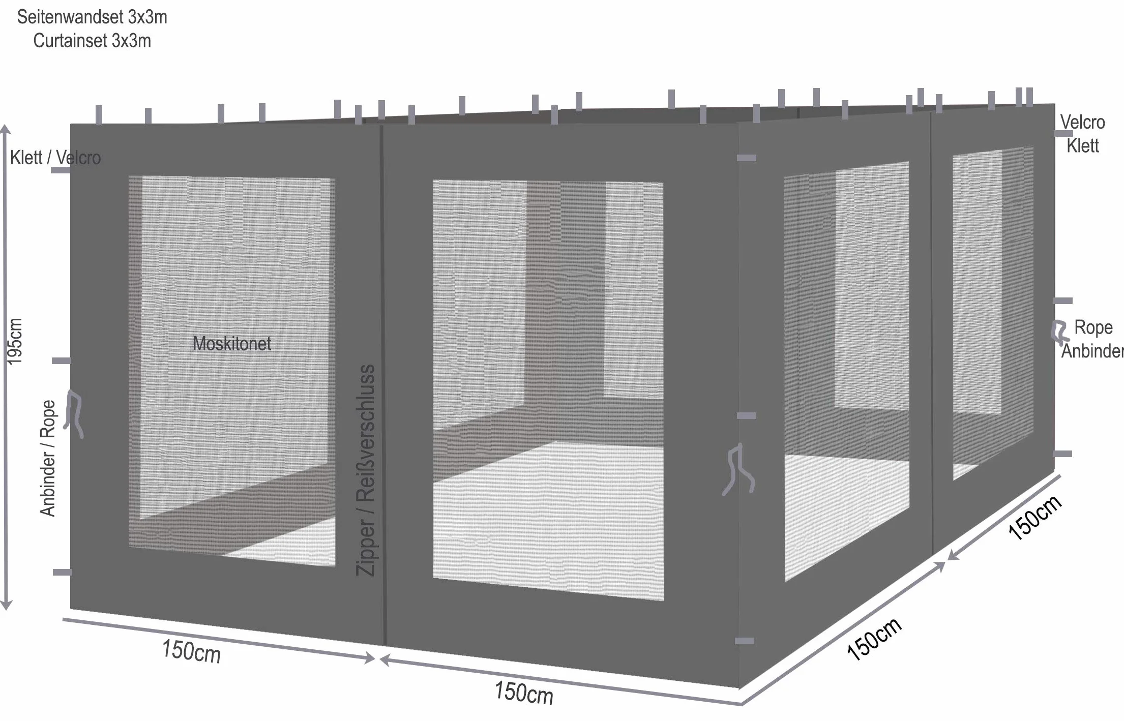 QUICK STAR 4 pannelli laterali con zanzariera 300x195cm Antracite per gazebo 3x3m