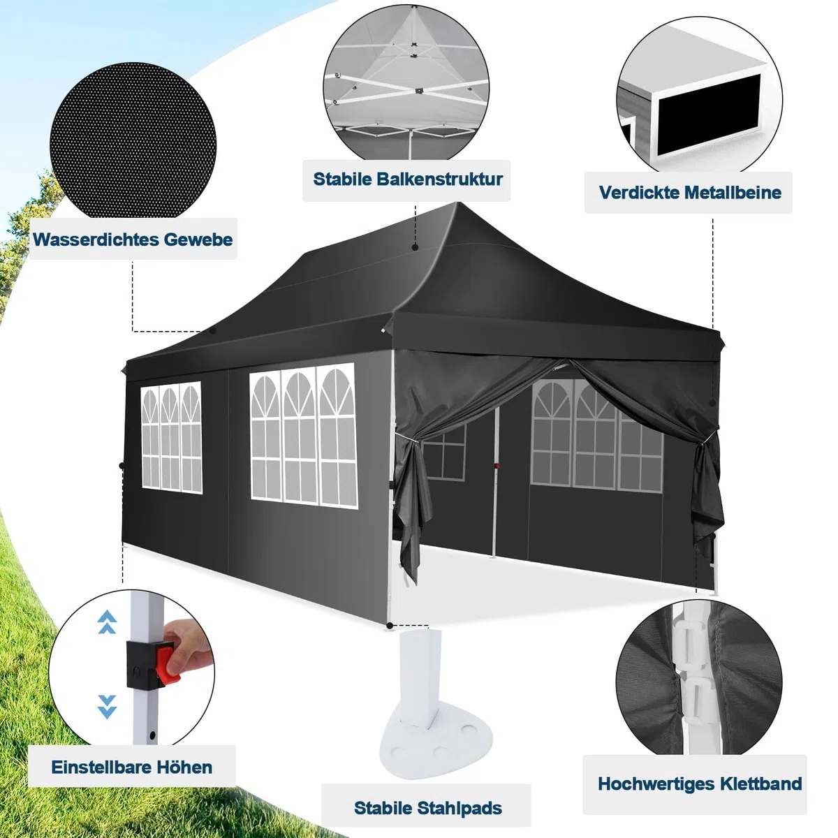 COBIZI Gazebo 3x6 Pieghevole Impermeabile con 6 Parti Laterali, UV 50+ Gazebo da Giardino Tenda Padiglione Pop up con 4 Sacchi di Sabbia, per Campeggio, Festival, Feste