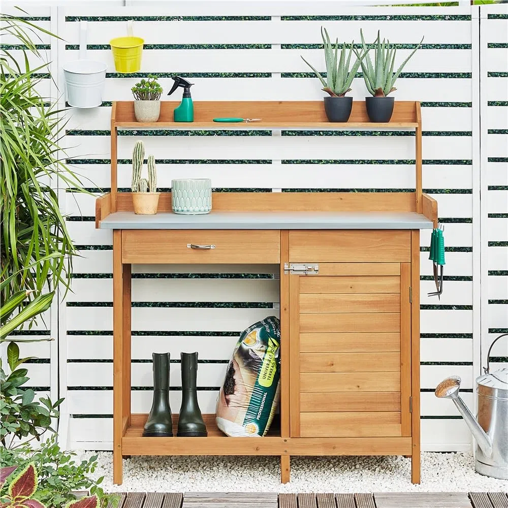 Yaheetech Tavolo Lavoro da Giardino per Piante in Legno Naturale con Ripiano in Metallo Spazioso Cassetto e Armadietto Banco per Giardinaggio 112 x 46,5 x 125 cm