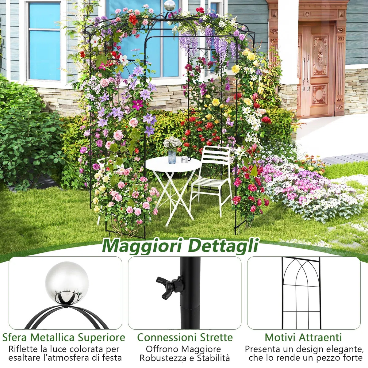 COSTWAY Traliccio ad Arco in Metallo Zincato per Piante Rampicanti, Gazebo a Forma di Gabbia per Uccelli con Gancio e Paletti, Pergola da Giardino per Cerimonie, 198 x 284 cm, Nero
