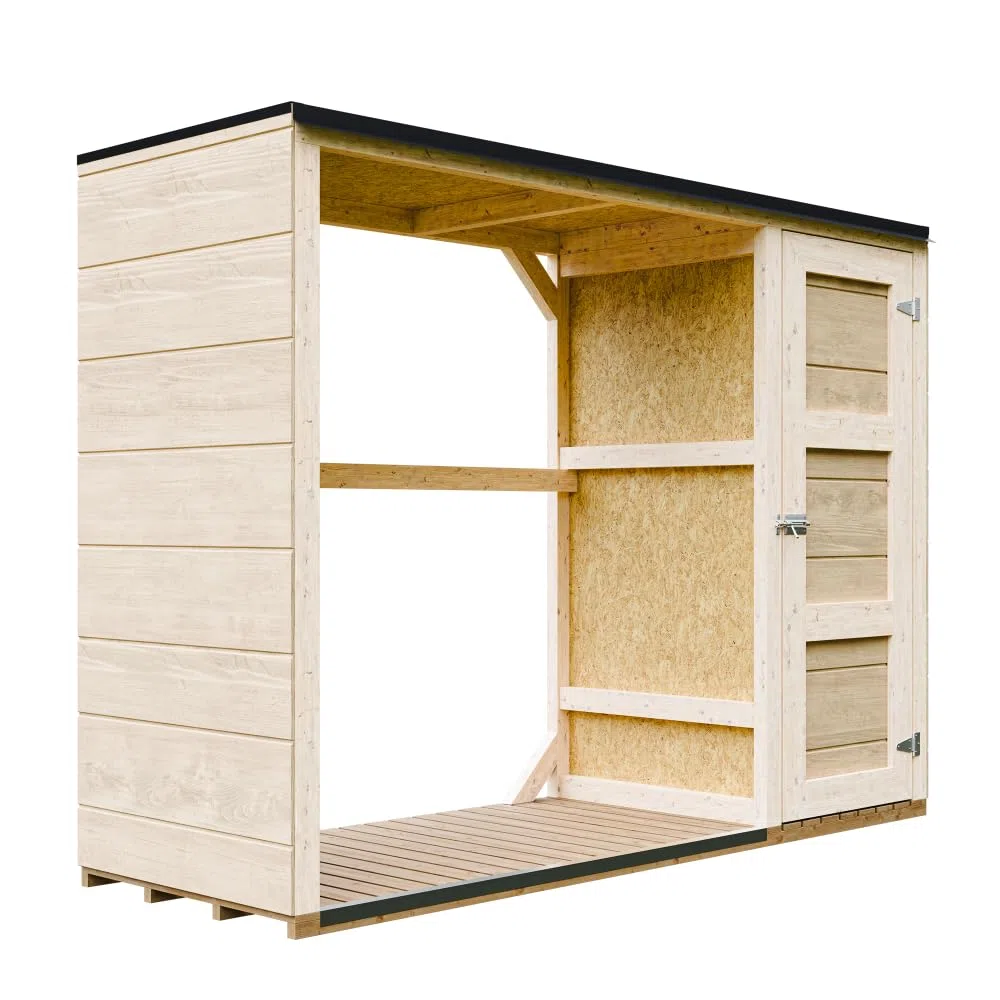 Legnaia da esterno - 75 x 217 x H159 cm - Legnaia moderna con deposito laterale per attrezzi 1,09 m² + 0.53 m² - Casetta per attrezzi e legna - TIMBELA M981