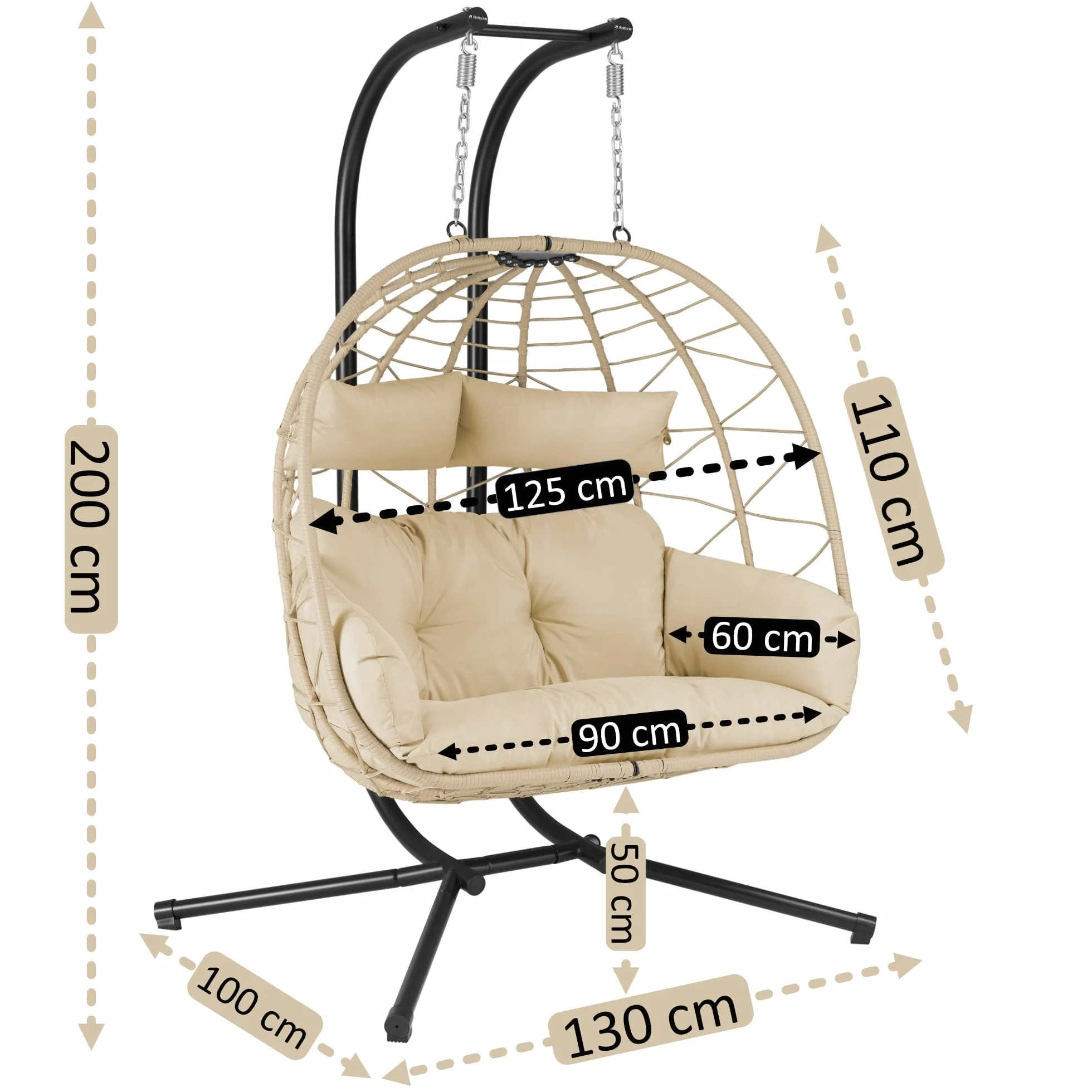 sedia sospesa per 2 persone con sostegno | Crema | Altalena XXL per interni ed esterni | Cuscino e cuscino inclusi | Sedia a due posti, sedia in vimini