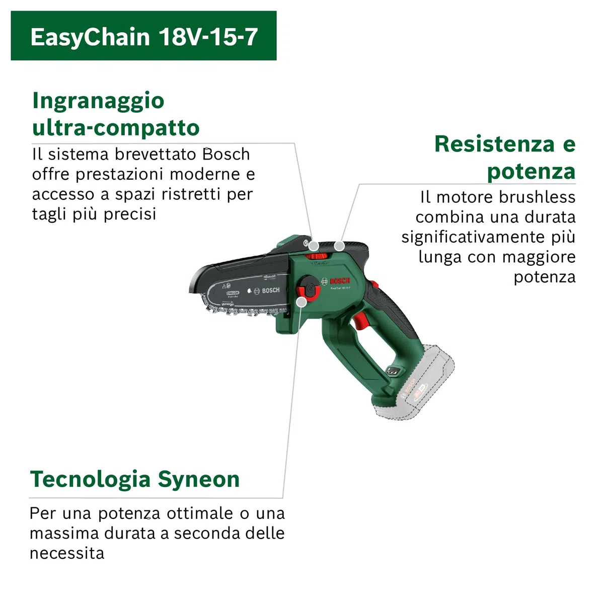 Bosch Mini Motosega a batteria EasyChain 18V-15-7 (per il taglio del legno; 18 Volt System; velocità catena: 6,95 m/s; con batteria da 2,5 Ah e caricabatteria)