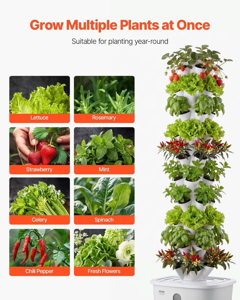 VEVOR Torre Idroponica da Interno, Sistema di Coltivazione Senza Terra a 10 Livelli con 50 Capsule, Controllo App e Ruote, con Serbatoio da 20 L e Pompa, per Erbe Aromatiche Fiori Frutta e Verdura