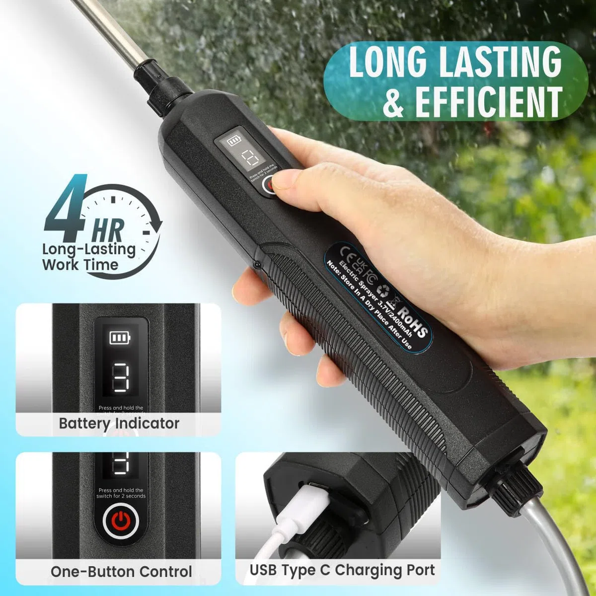 Pompa Irroratrice a Batteria 8L, 5V/2400mAh Pompa a Spalla a Batteria, Spruzzino Nebulizzatore Piante con 3 Livelli di Pressione Dell'acqua Regolabili & 4 Ugelli per Irrigazione e Diserbo
