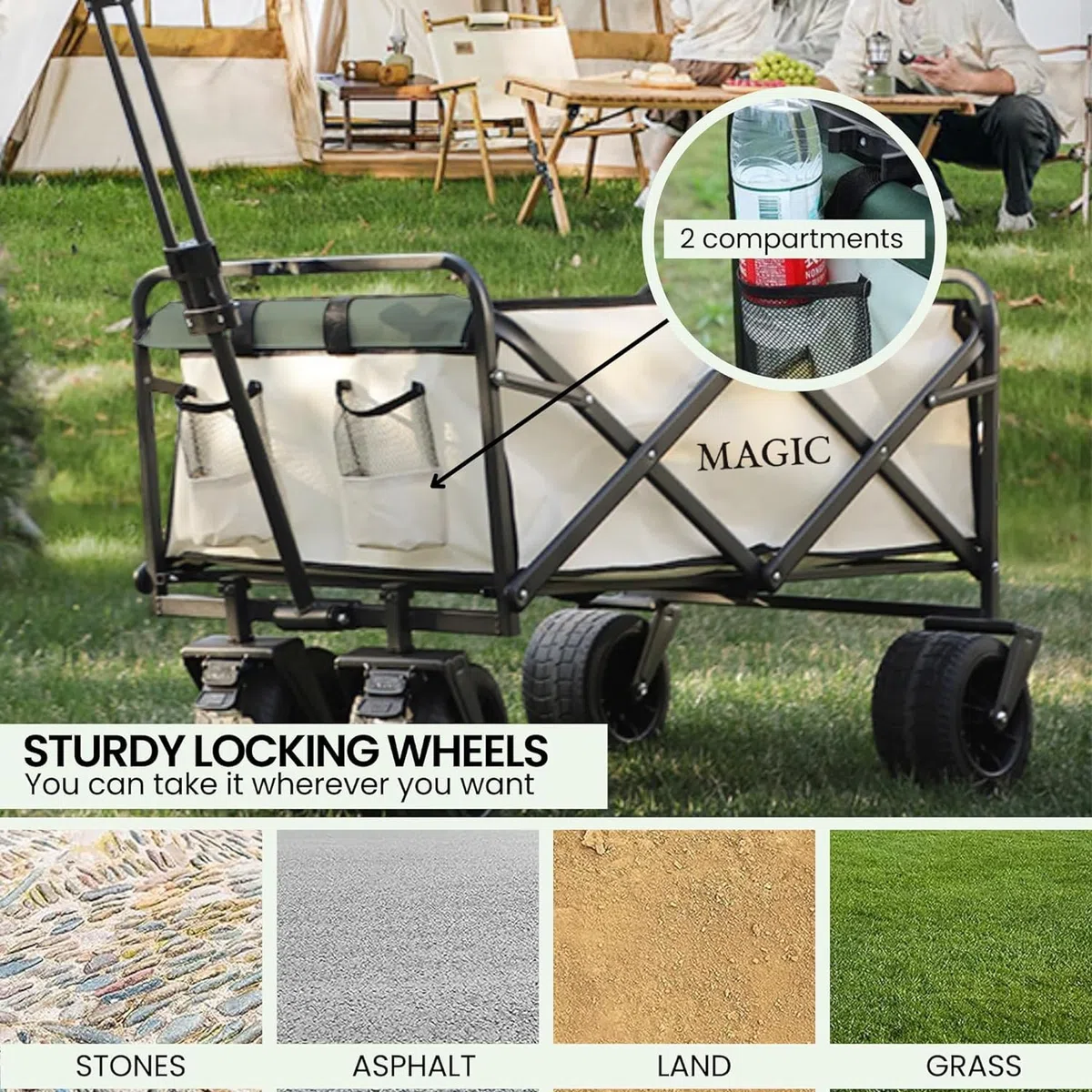 Carrello Pieghevole da Spiaggia per Campeggio, Picnic e Giardino - Trasformabile in Tavolo con Borsa e Maniglia Regolabile - Freni Inclusi