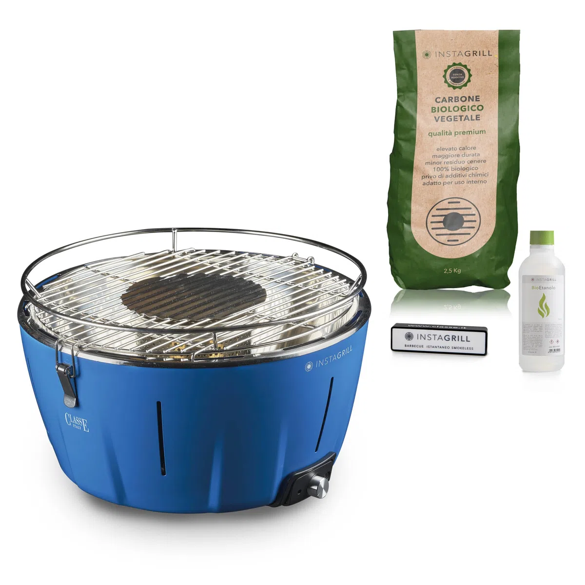 Classe Italy | Grill a Carbonella senza fumo, da Tavolo, da Balcone, Portatile. Include Batteria Ricaricabile, Carbone e Gel per accensione, in soli 5 minuti. Barbecue da Campeggio. PAK Blu Oceano