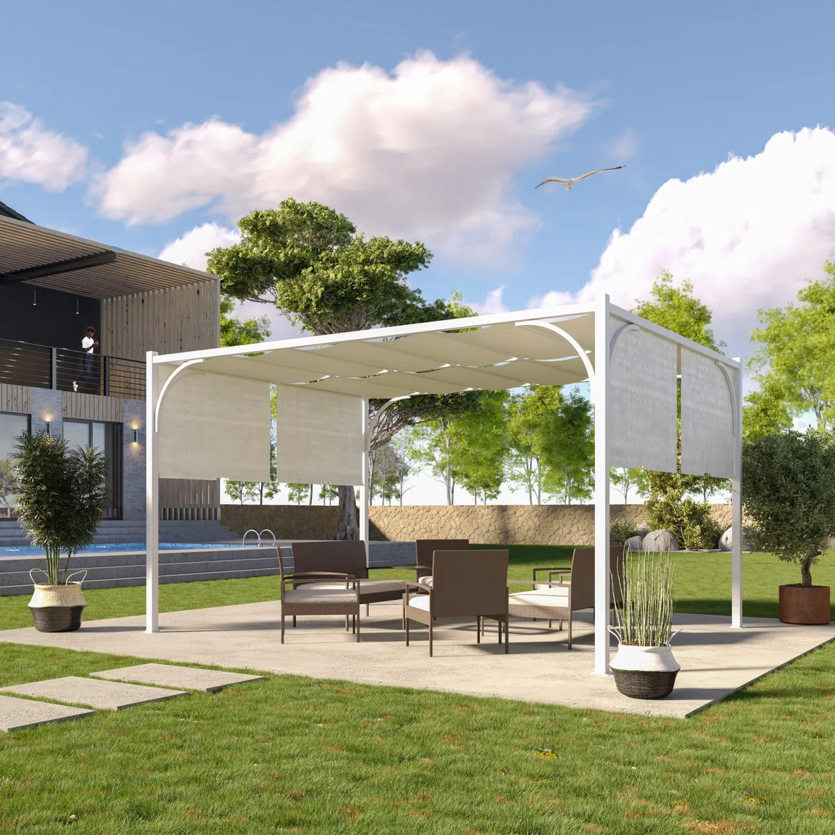 Gazebo Pergola 3x4 M Tetto Scorrevole Telo Bianco Impermeabile Retrattile Struttura Acciaio Bianco Giardino Terrazzo Piscina Esterno Campeggio Design Elegante Moderno