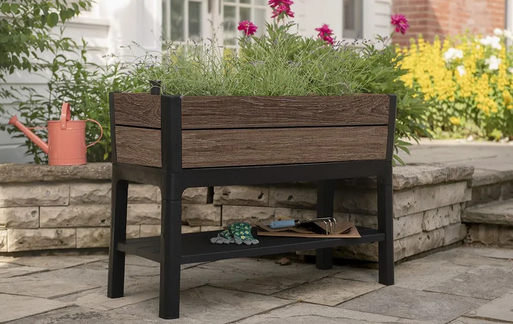 Keter Fioriera da Esterno Deco, Ideale per Fiori e Aromatiche, Finitura Effetto Noce, Capacità 120L, 113x47,5x79,8H cm