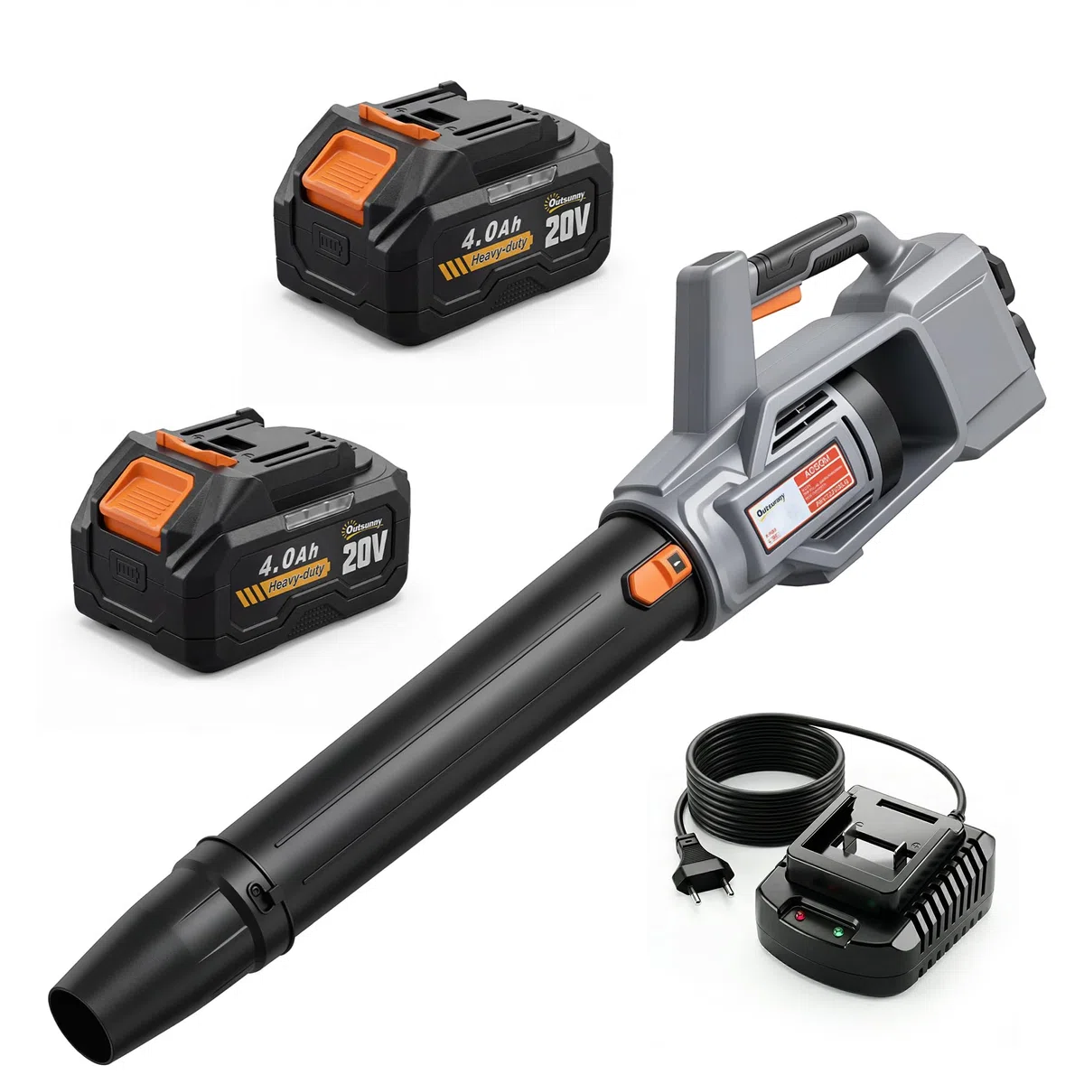 Outsunny Soffiatore a Batteria 36V, Soffiatore Foglie con 2 Batteria 4Ah, Motore Brushless 1000W, 3 Livelli Velocità 270 km/h, Turbo Boost, Caricabatterie, Leggero, per Giardino Foglie Neve Polvere