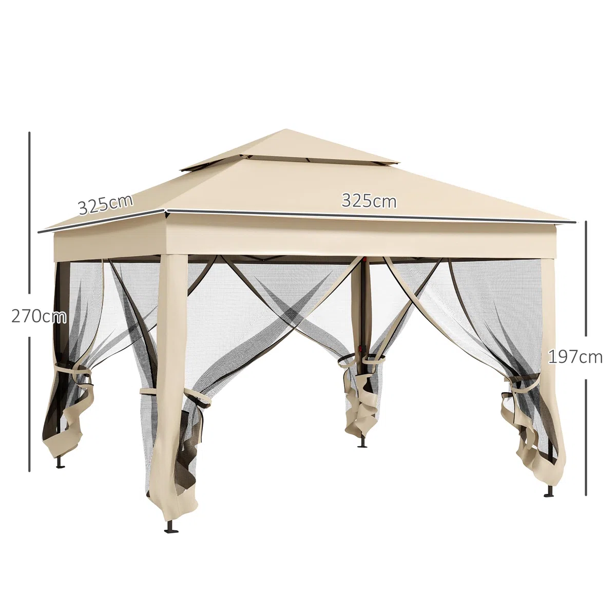 Outsunny Gazebo da giardino pieghevole pop-up Barum, 3 x 3 m, poliestere metallico, protezione UV impermeabile, zanzariera + borsa di trasporto, crema