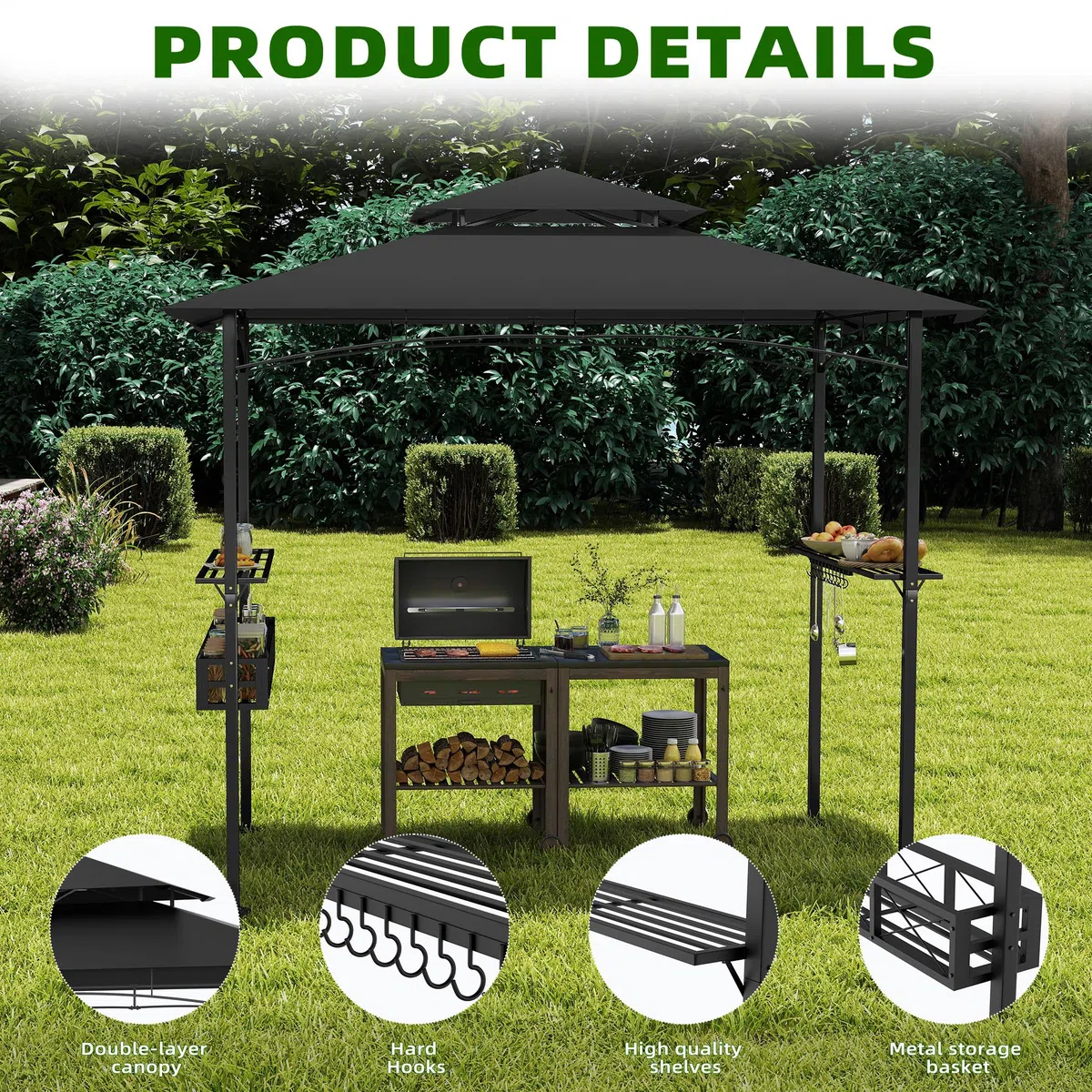 UISEBRT Gazebo per barbecue resistente all'inverno con telaio in metallo e tetto in poliestere, 245 x 153 x 250 cm, protezione da pioggia e sole, include cestino portaoggetti, gazebo per