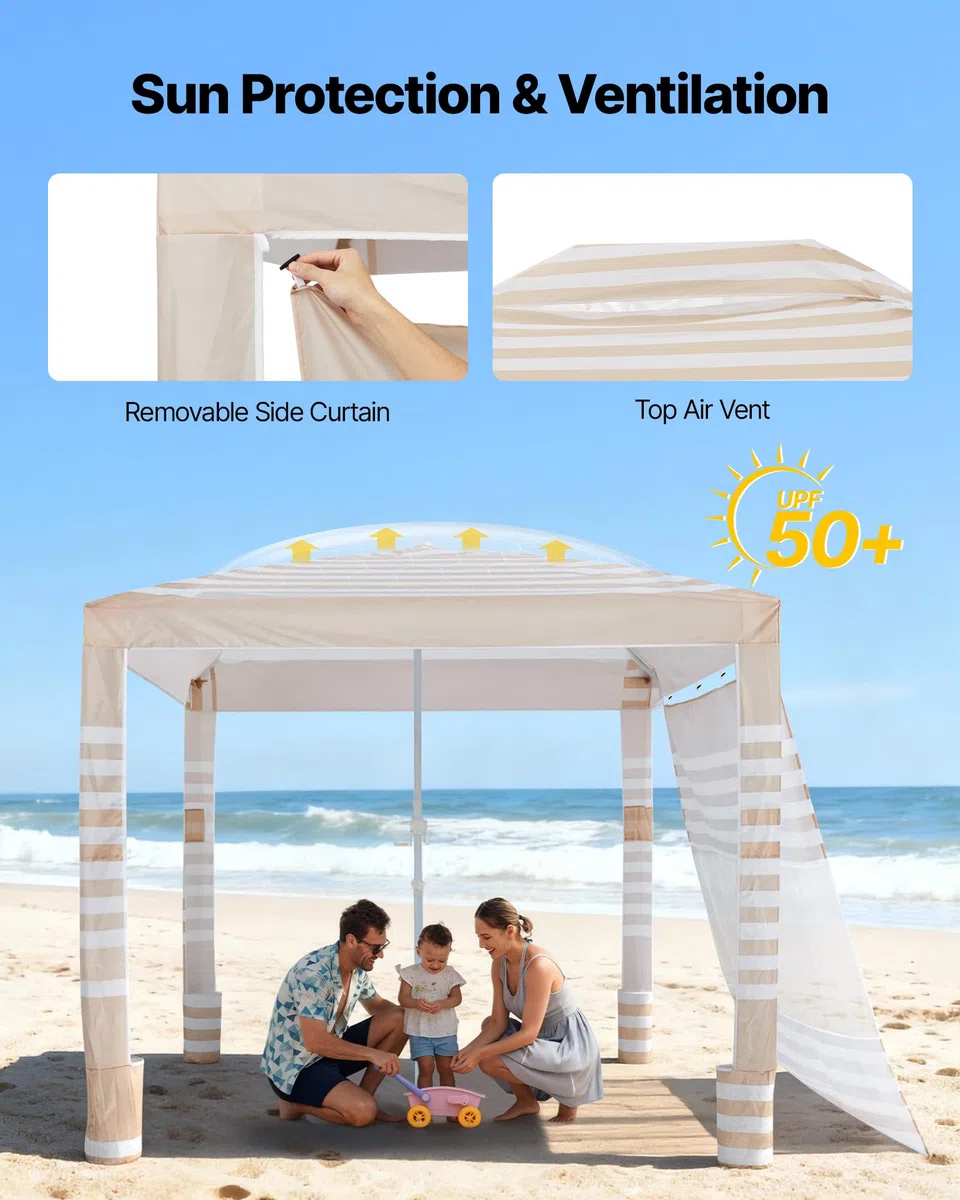 VEVOR Tenda da Spiaggia per Esterno da 2438 x 2438 mm con Parete Laterale, Protezione UPF 50+, Facile da Montare con Tasche per la Sabbia, Ombrellone Parasole Portatile Regolabile in Altezza
