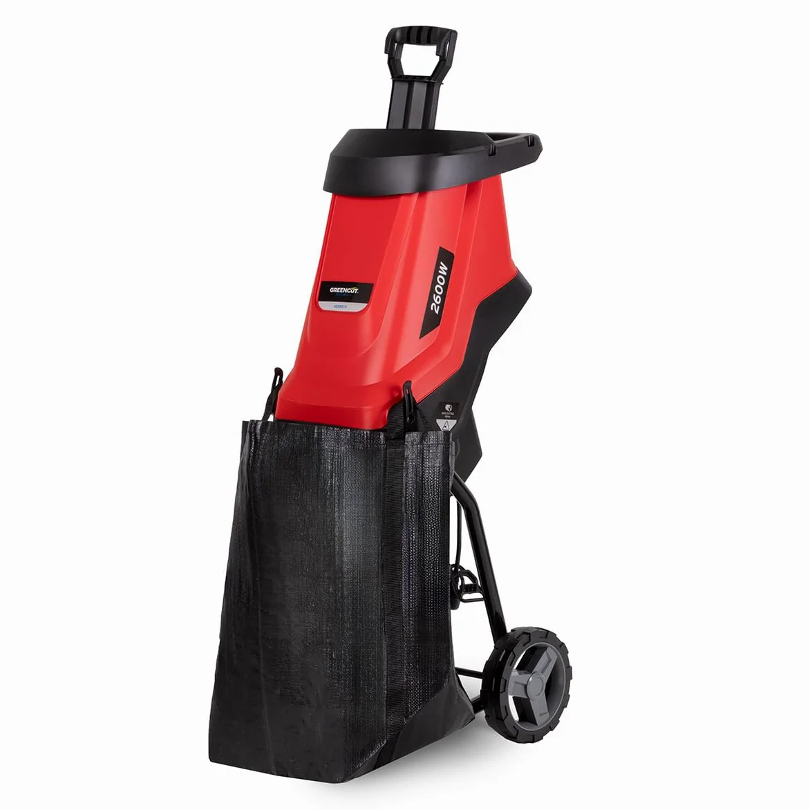 GREENCUT GE250C-2 - Biotrituratore elettrico, potenza 2600W, capacità di taglio 45mm, tramoggia grande, 2 sacchi di raccolta da 45l, ruote e maniglia di trasporto, rosso
