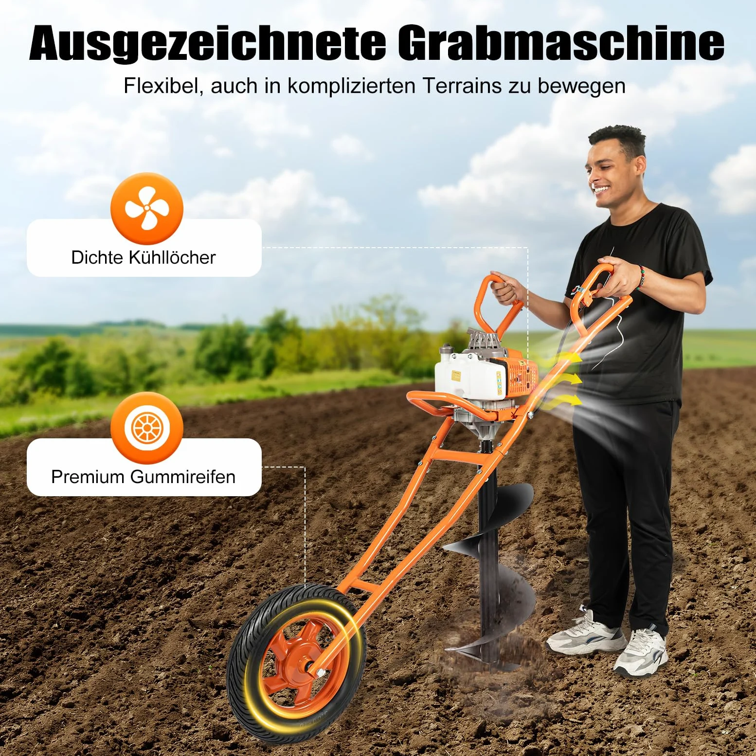 63CC - Trapano a benzina a due tempi, con carrello manuale, trapano per pali con punta da 30 cm, trapano a benzina, adatto per lavori di perforazione in giardino e altri lavori di perforazione