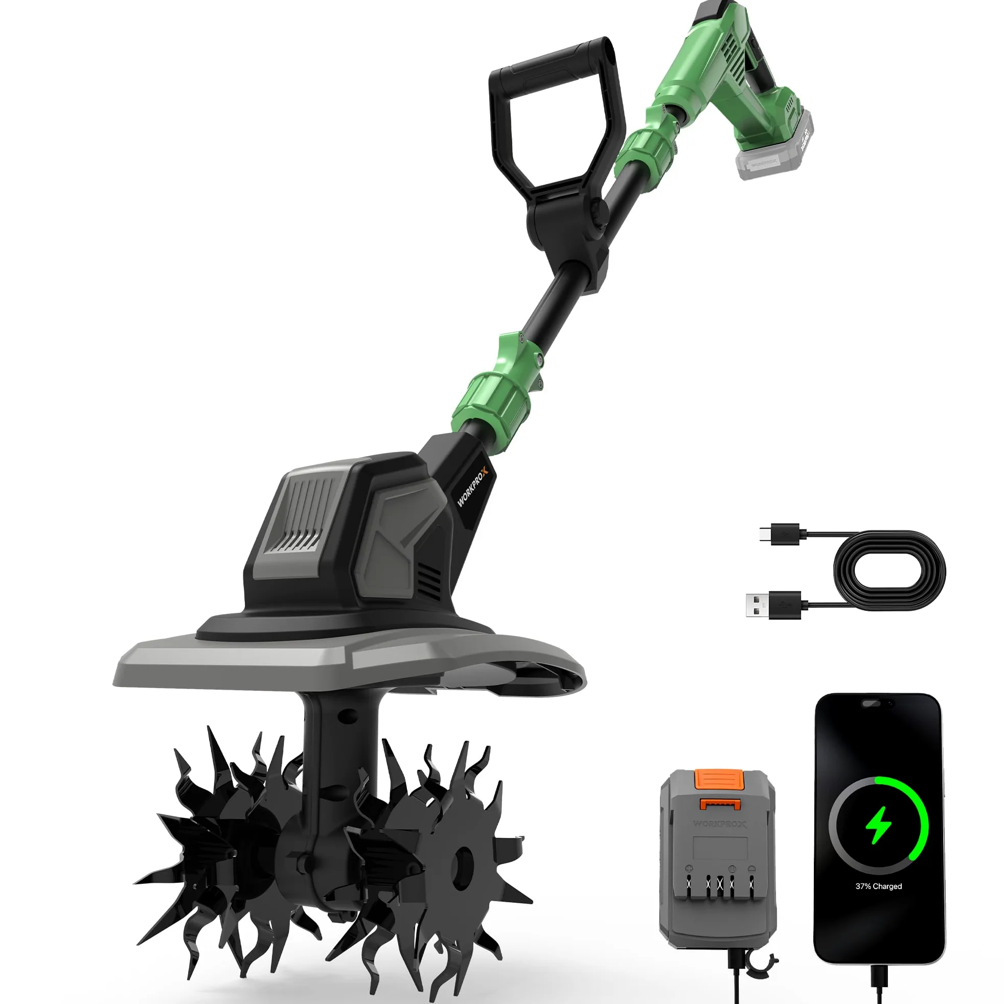 WORKPROX Motozappa Elettrica Senza Fili 20V, Lavoro 20 cm x 20 cm, Velocità 280 giri/min, Motozappa a Batteria da 4,0 Ah, Leggera 4,7 kg, Compatto per Giardino, Orto e Frutteto
