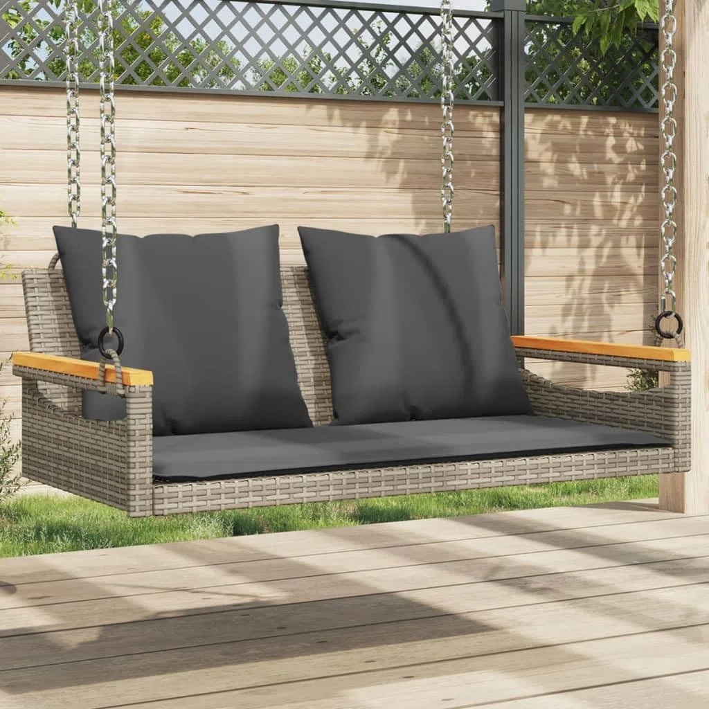Gecheer Panchina Dondolo in Polyrattan Grigia 109x62x40 cm con Cuscini, Funzione Oscillante, Struttura in Acciaio Verniciato e Legno di Acacia, per Giardino Esterno