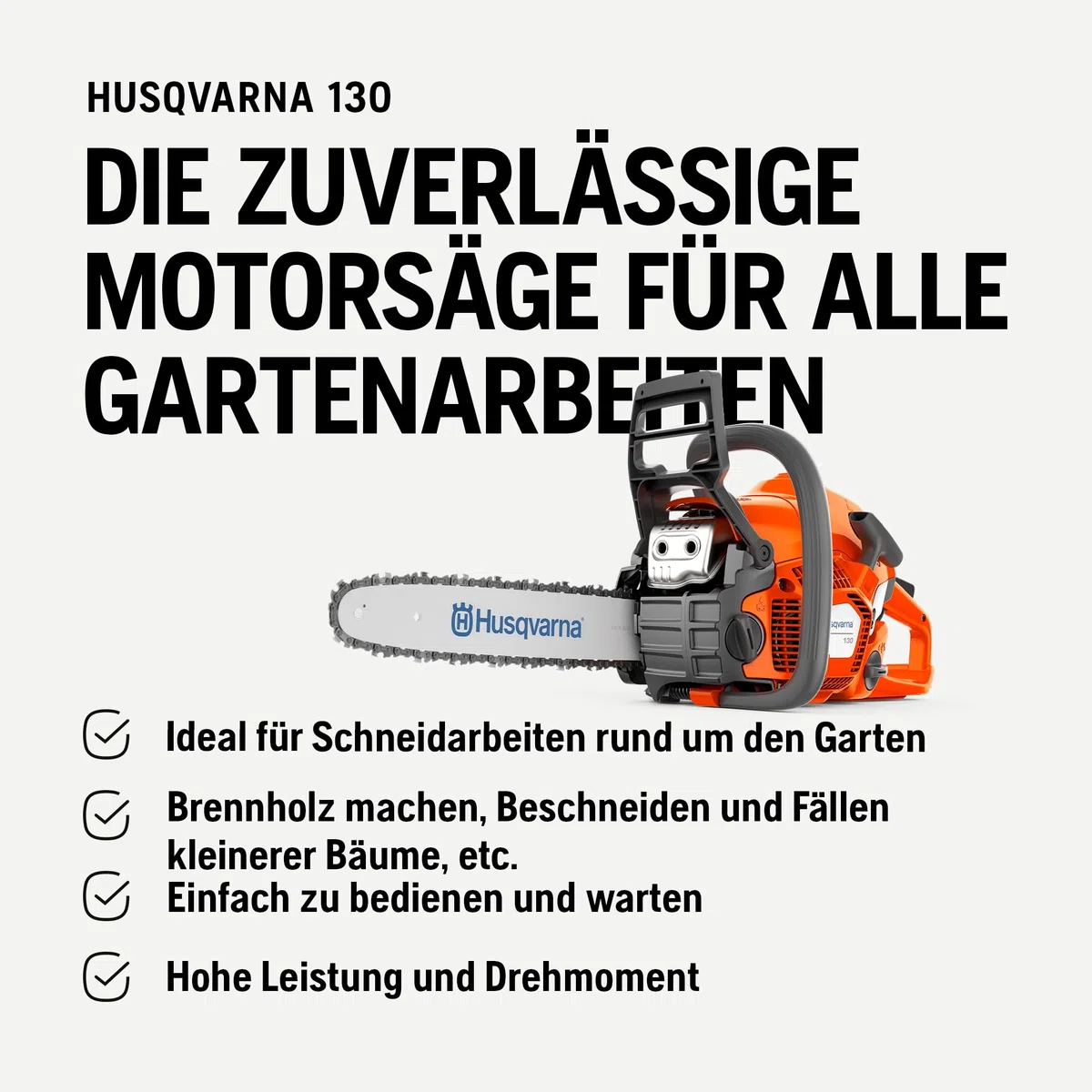 Husqvarna Motosega Husqvarna 130 per Uso Casa e Giardino Potente e Leggera con Barra da 35 cm e Motore X-Torq, 38 cm³, 1.5 kW e soli 4.7 Kg di peso