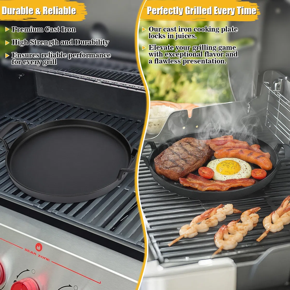 GFTIME 7421 30.9CM Bakeware Tonda Ghisa Padella, Inserto Presa Gourmet Barbecue Sistema. di Scarico del Grasso Facile, Maniglia Protettiva. Bistecca Arrostire Pancetta per Barbecue Verdure, Carne.