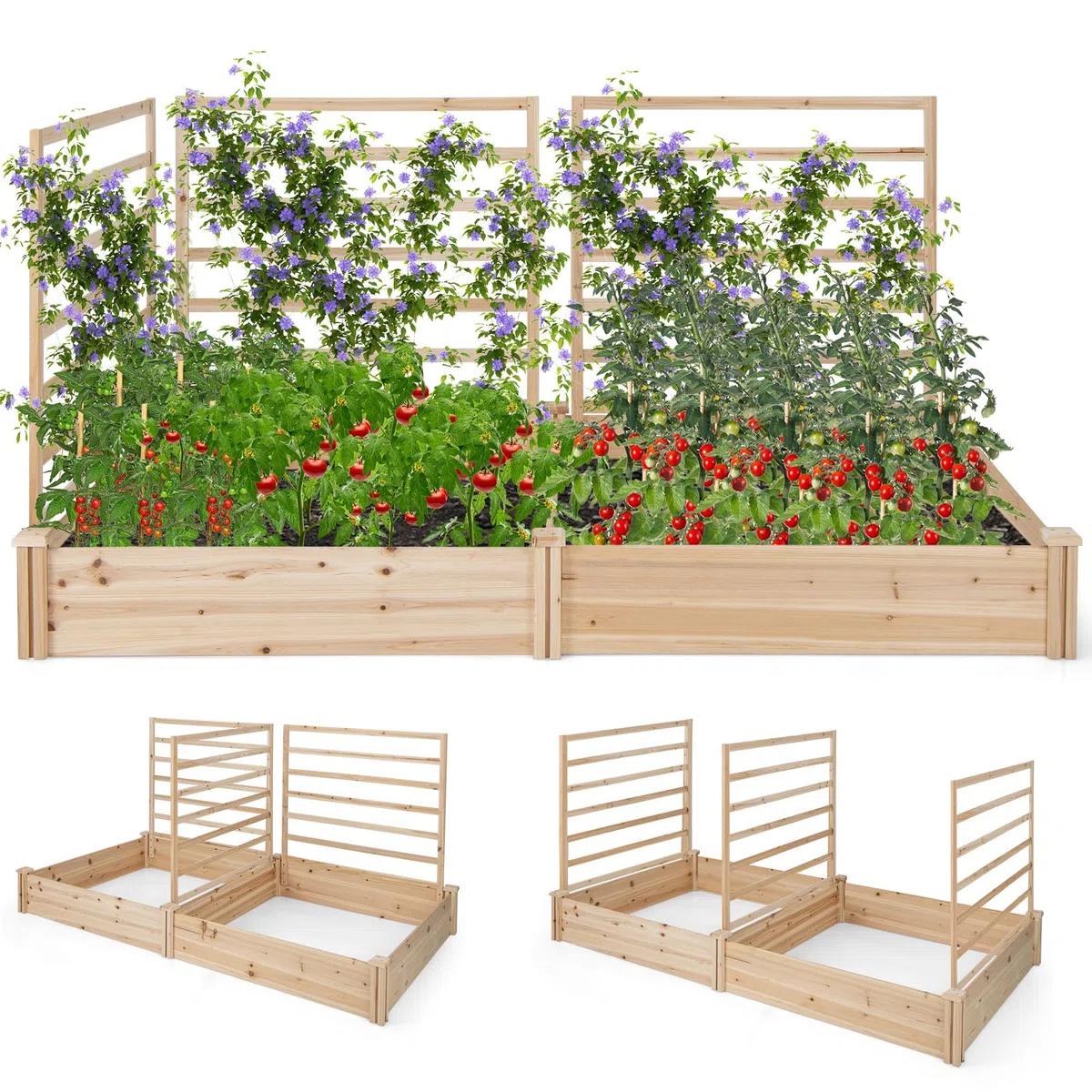 COSTWAY Letto Rialzato da Giardino con 2 Cassoni per Piantare e 3 Tralicci, Aiuola Rialzata da Giardino in Legno per Fiori, Erbe, Verdure, Frutta e Viti Rampicanti, 222 cm x 114 cm x 110 cm (Naturale)