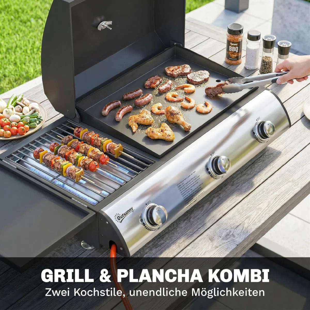 Outsunny Barbecue a gas 7,5 KW portatile da tavolo con 3 bruciatori, tavolo laterale, griglia smaltata, vassoio raccogli grasso, termometro, griglia a gas da tavolo, barbecue da picnic, per giardino