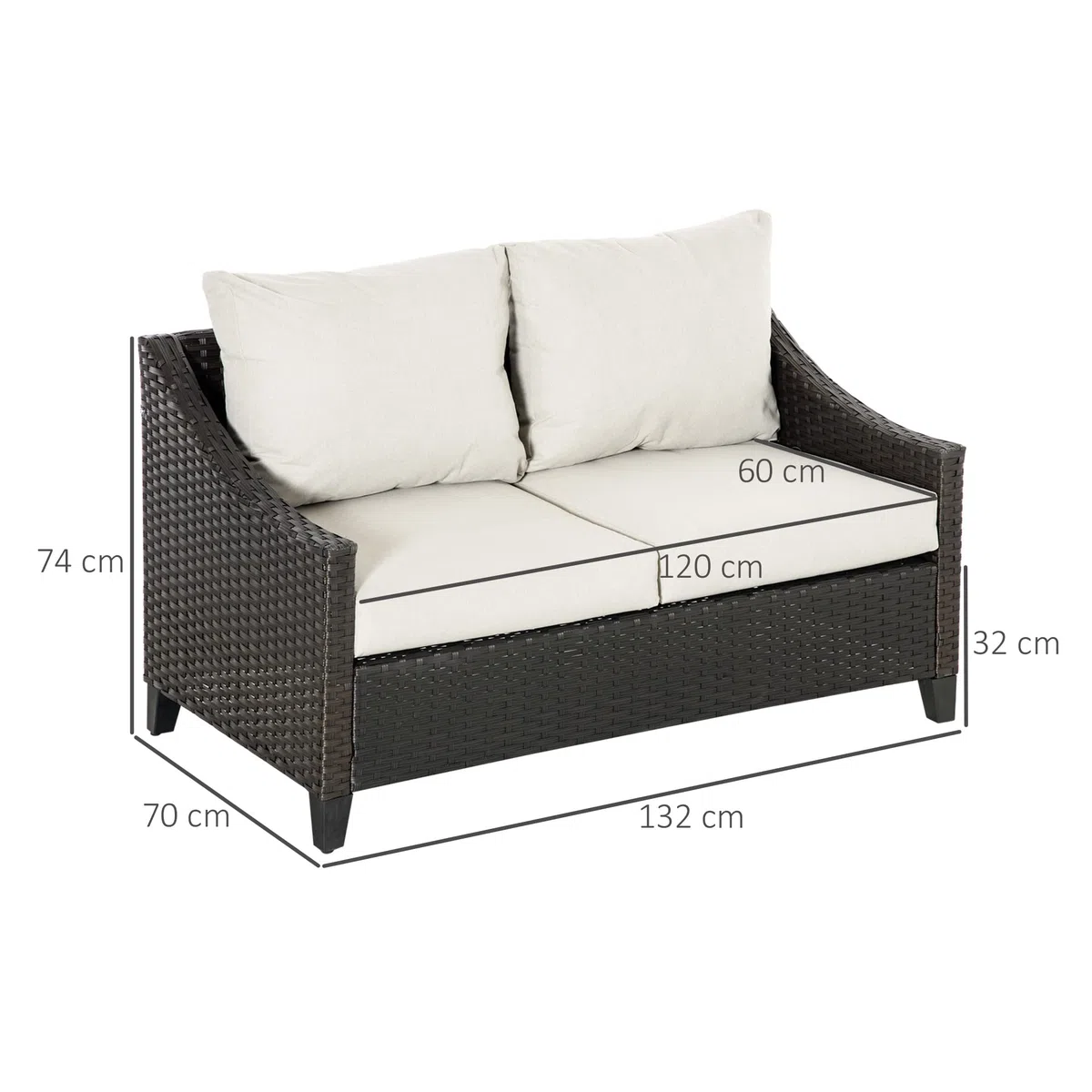 Outsunny Divano da Giardino 2 Posti in Rattan PE, Divano da Esterno con Cuscini Imbottiti e Piedini Regolabili, 132x70x74cm, Marrone