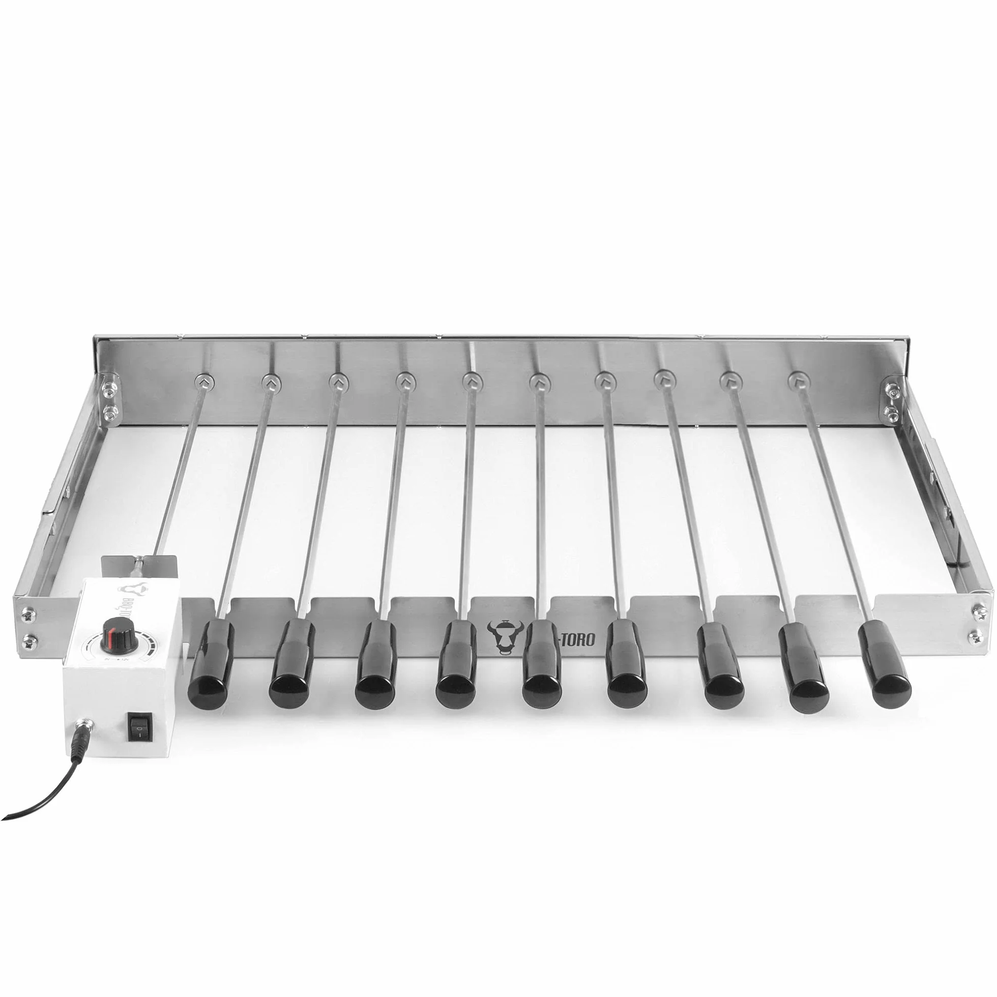 BBQ-Toro Girarrosto elettrico in acciaio inox con 10 spiedi e motore | Dimensioni regolabili (Larg.) 58 x (P) 26-40 cm | con spina per la corrente e USB