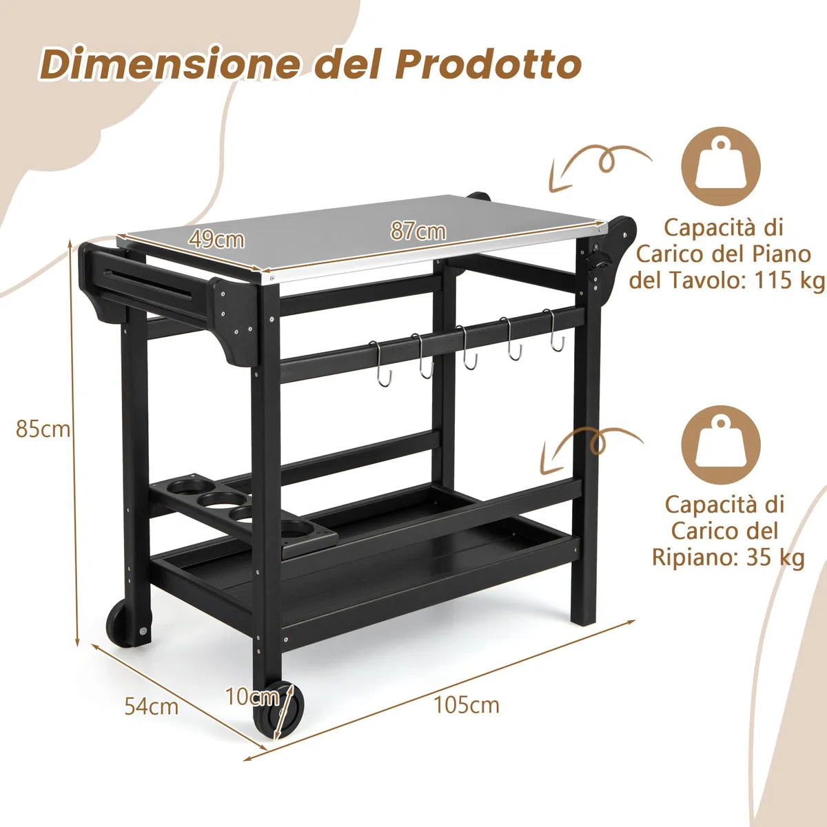 COSTWAY Carrello Barbecue da Esterno, Stand per Forno a Pizza con Piano in Acciaio Inox Vassoio e Portabottiglie, con Maniglia e Ruote per Cucina Giardino, Carico 150kg, 105x54x85 cm