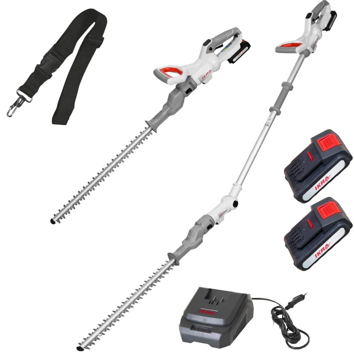 IKRA tagliasiepi ICPH 2050 2in1 con asta telescopica, incl. 2 batterie 20V 2,0Ah, stazione di ricarica rapida e tracolla