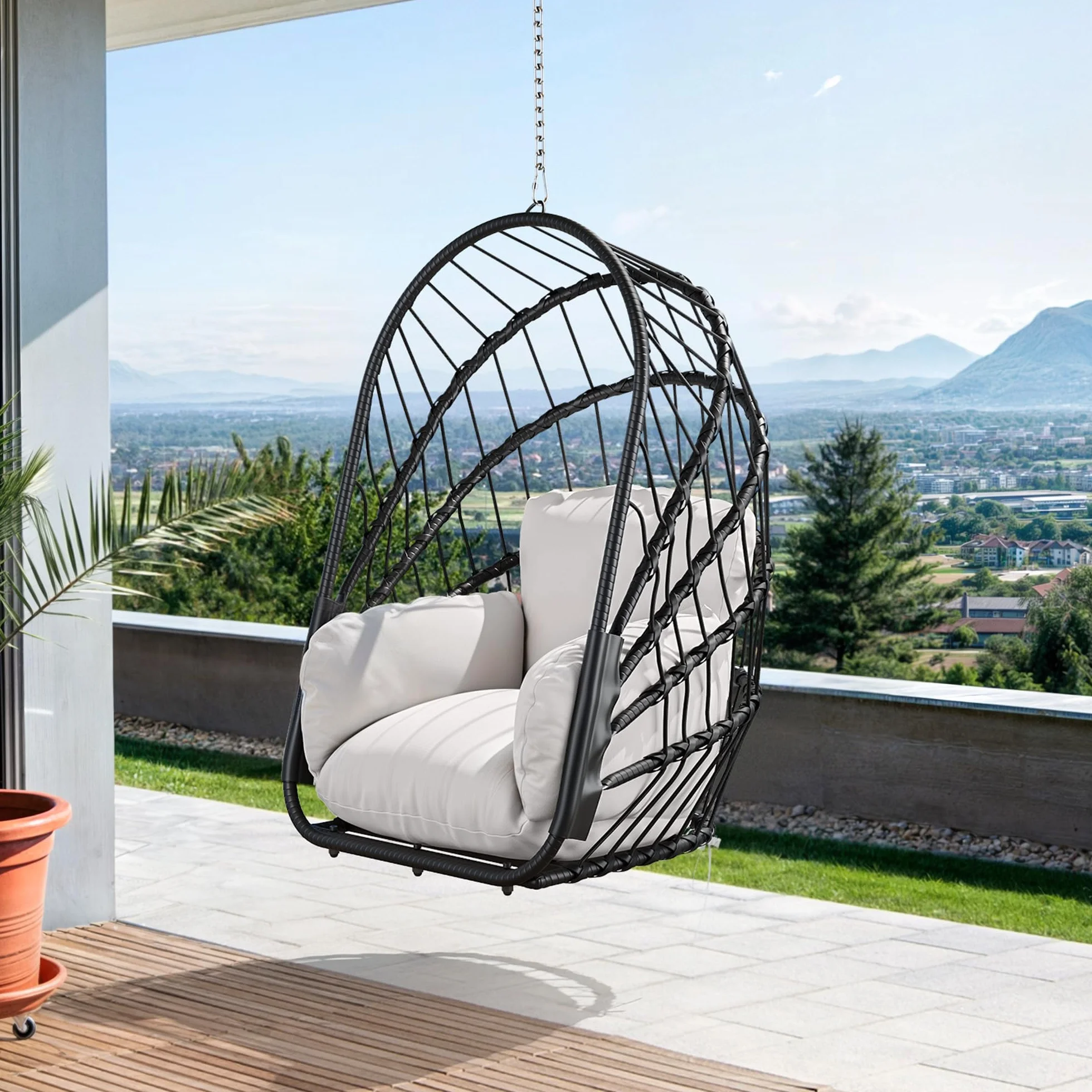 YITAHOME Poltrona sospesa senza telaio, in rattan con cuscino lavabile, portata 160 kg, pieghevole, per terrazza, giardino, camera da letto e balcone, grigio