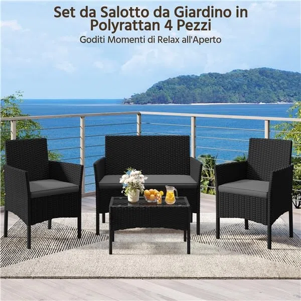 Yaheetech Set da Giardino in Rattan, 4 Posti, con divano a 2 posti, 2 sedie, tavolo e cuscini per seduta resistente alle intemperie, Salotto da Siardino Esterno, per Terrazza Balcone Patio