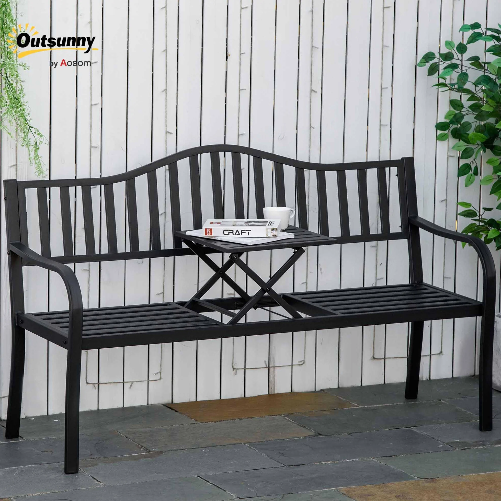 Outsunny Panchina da Giardino a 2-3 Posti in Metallo, Panchina da Esterno con Tavolino Sollevabile, Schienale a Doghe e Braccioli, per Balcone Esterno e Patio, 150x58.5x90 cm, Nero