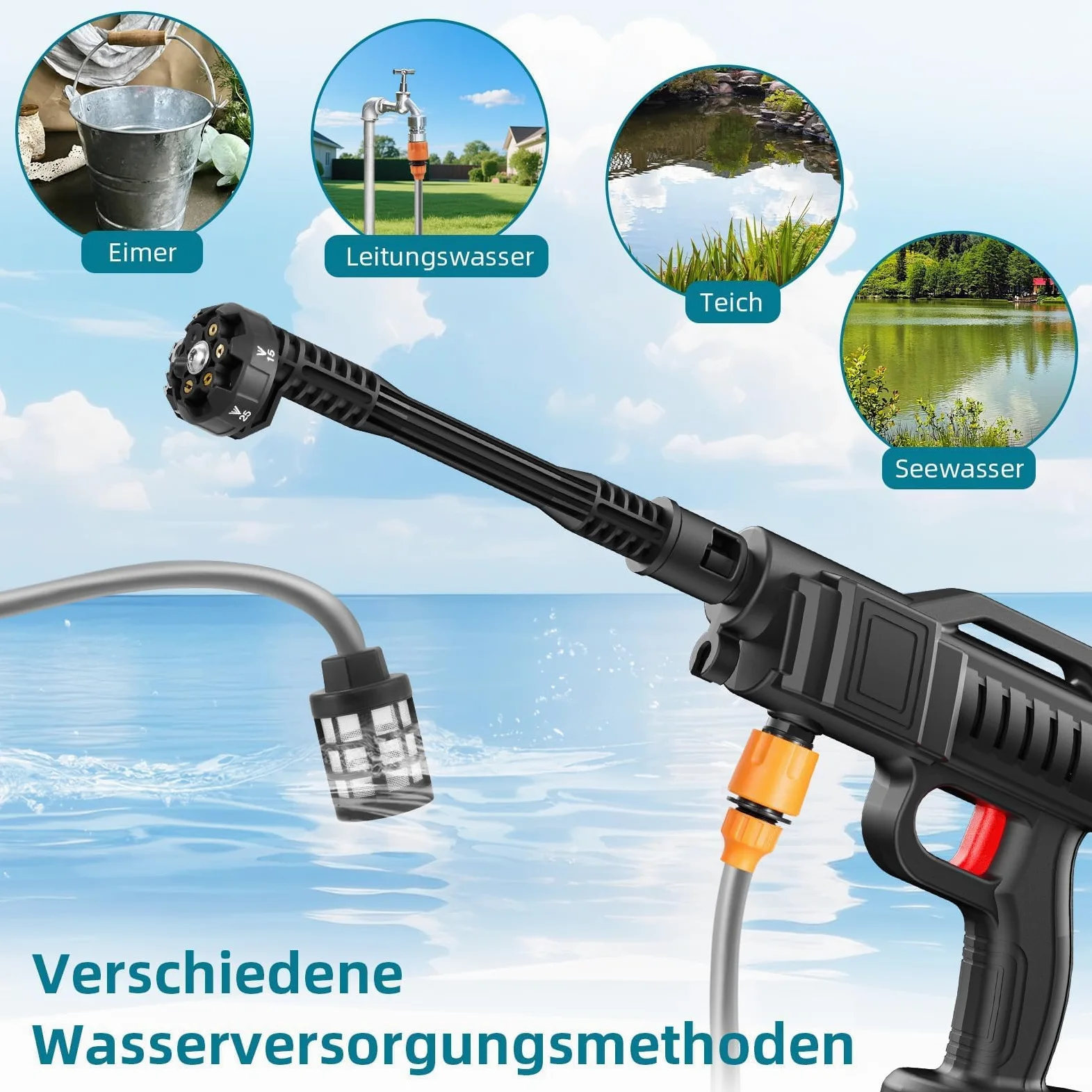 Rondella ad alta pressione a batteria 100 Bar 270 L/H | Idropulitrice Potente Pistola portatile con 2 batterie da 3000 mAh per auto terrazza 6 in 1 ugello regolabile 5m tubo