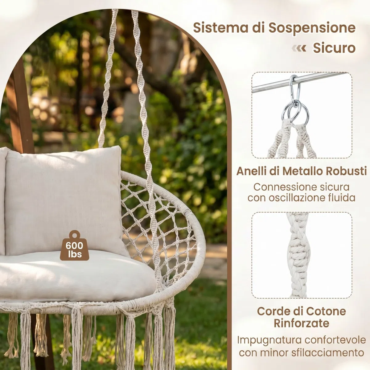 COSTWAY Sedia a Dondolo da Esterno ed Interno, Poltrona Sospesa Intrecciata a 2 Posti con Nappine in Stile Boho, 3 Morbidi Cuscini, Corde e Anelli, Portata 250 kg, per Balcone, Soggiorno e Giardino