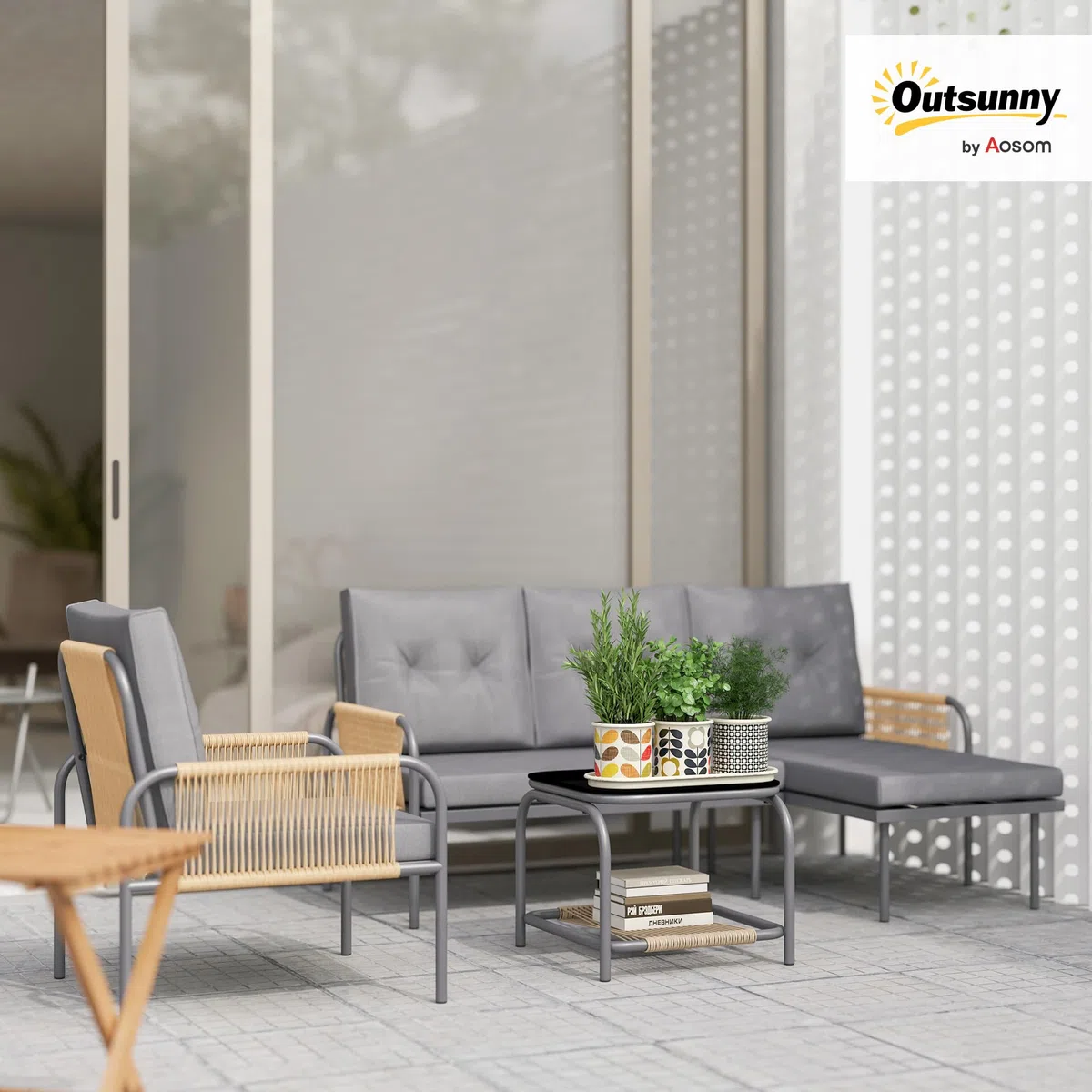 Outsunny Set di Mobili da Giardino in Rattan 4 Pezzi, Salotto da Esterno con Divanetto 2 Posti, Poltrona, Chaise Longue con Cuscini Lavabili e Tavolino in Vetro, Set Giardino Esterno, Grigio Scuro