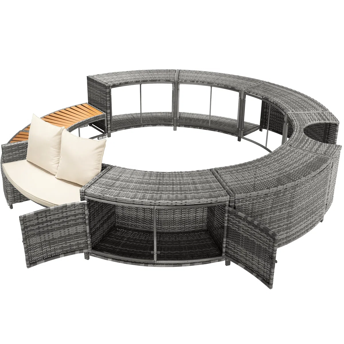 Idemon Set lounge da giardino con divano rotondo, set di mobili da giardino, lounge per vasca idromassaggio e piscina, con piedini regolabili, cuscino incluso, mobili per terrazza, giardino o piscina