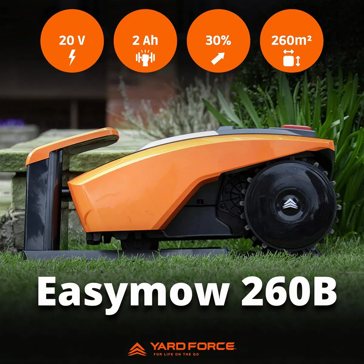 YARD FORCE EasyMow 260B Robot tosaerba fino a 260 mq, robot tosaerba a guida autonoma, facile da usare, controllo Bluetooth e app, fino a pendenze 30%, batteria agli ioni di litio da 20 V/2,0 Ah