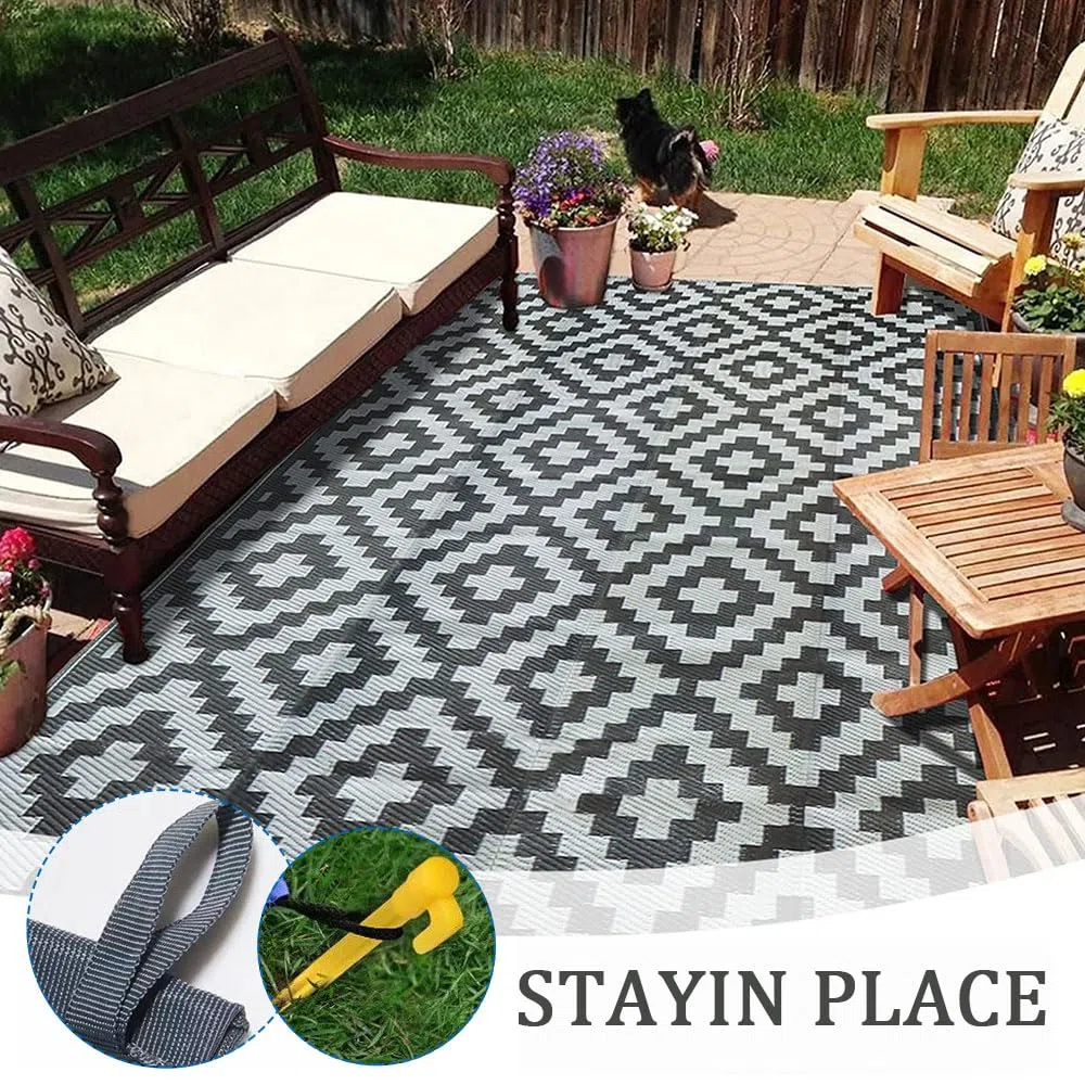 Tappeto da Esterno Impermeabile Pieghevole Reversibile Lavabile Giardino Patio Campeggio Balcone 183x274cm Beige Nero