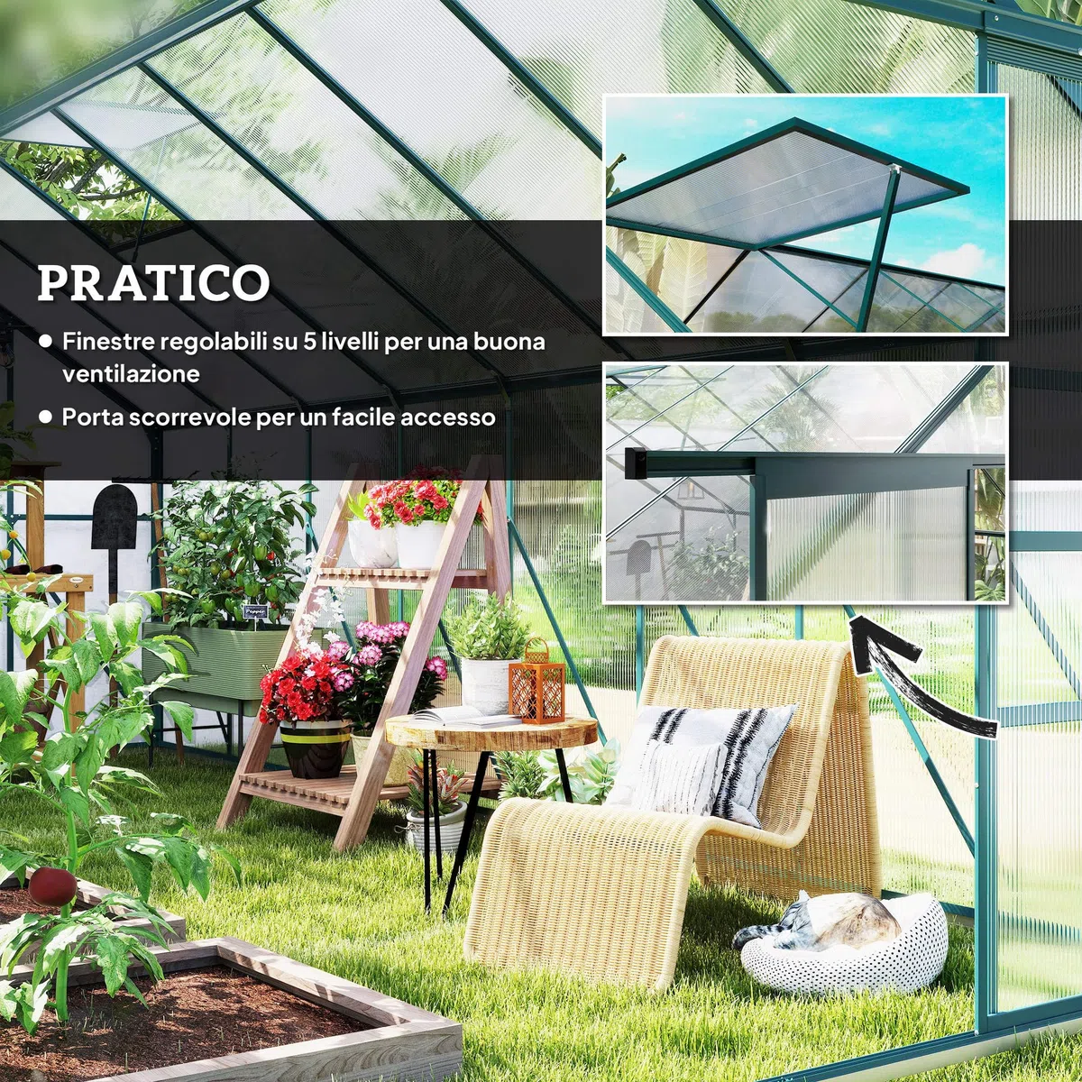 Outsunny Serra da Giardino in Policarbonato con Porta Scorrevole e Finestra Apribile, Serra per Piante in Alluminio, 244x500x216 cm, Verde