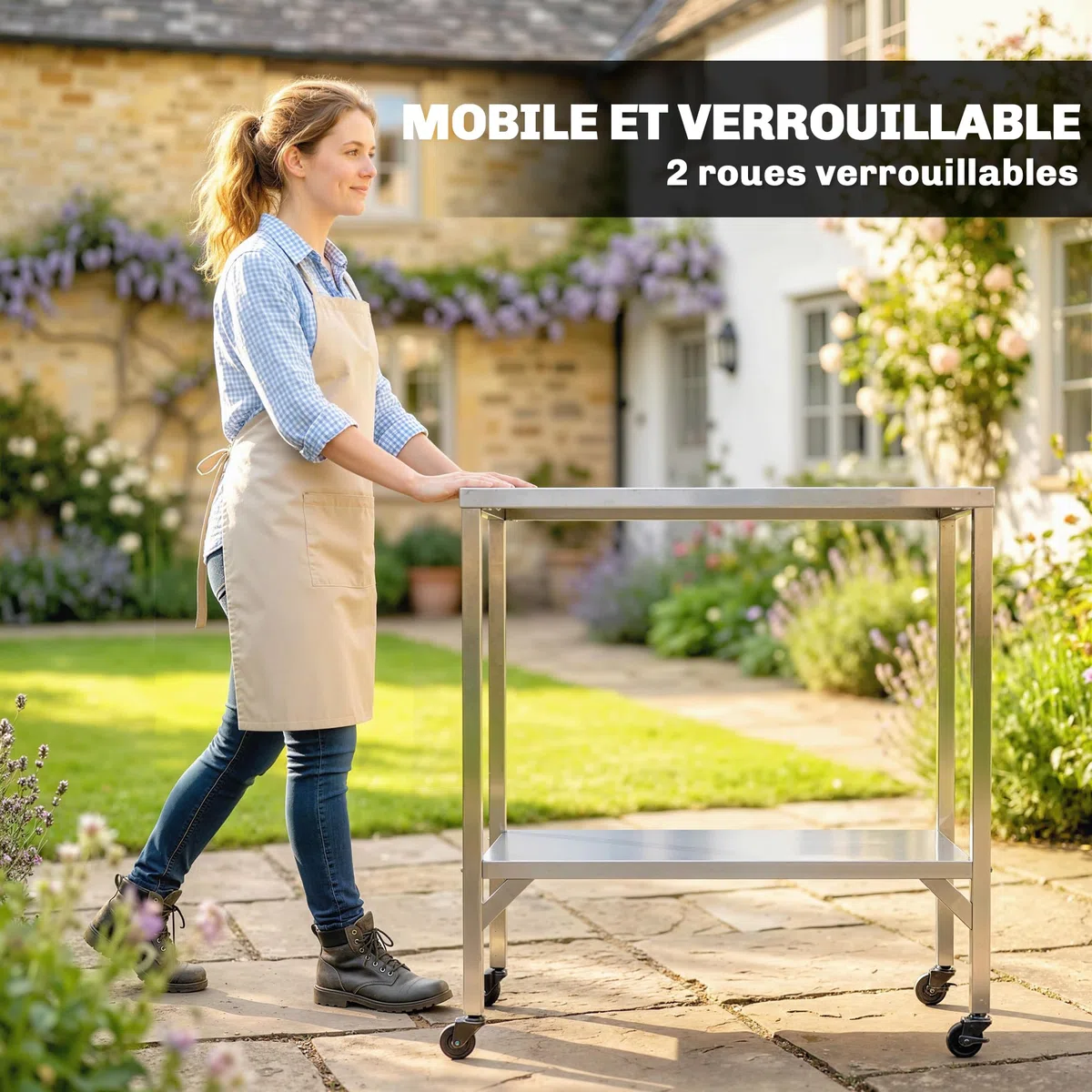 Outsunny Carrello per barbecue in acciaio inossidabile, tavolo di preparazione per esterni di 85 x 60 cm, con piano di lavoro e rotelle, dessert da giardino stabile per forno a pizza e griglia