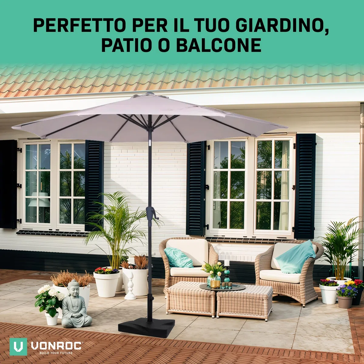 VONROC Ombrellone da giardino Rapallo 200x300 cm con Inclinazione Regolabile, UPF 50+, Manovella Facile e Copertura Protettiva Inclusa Nero
