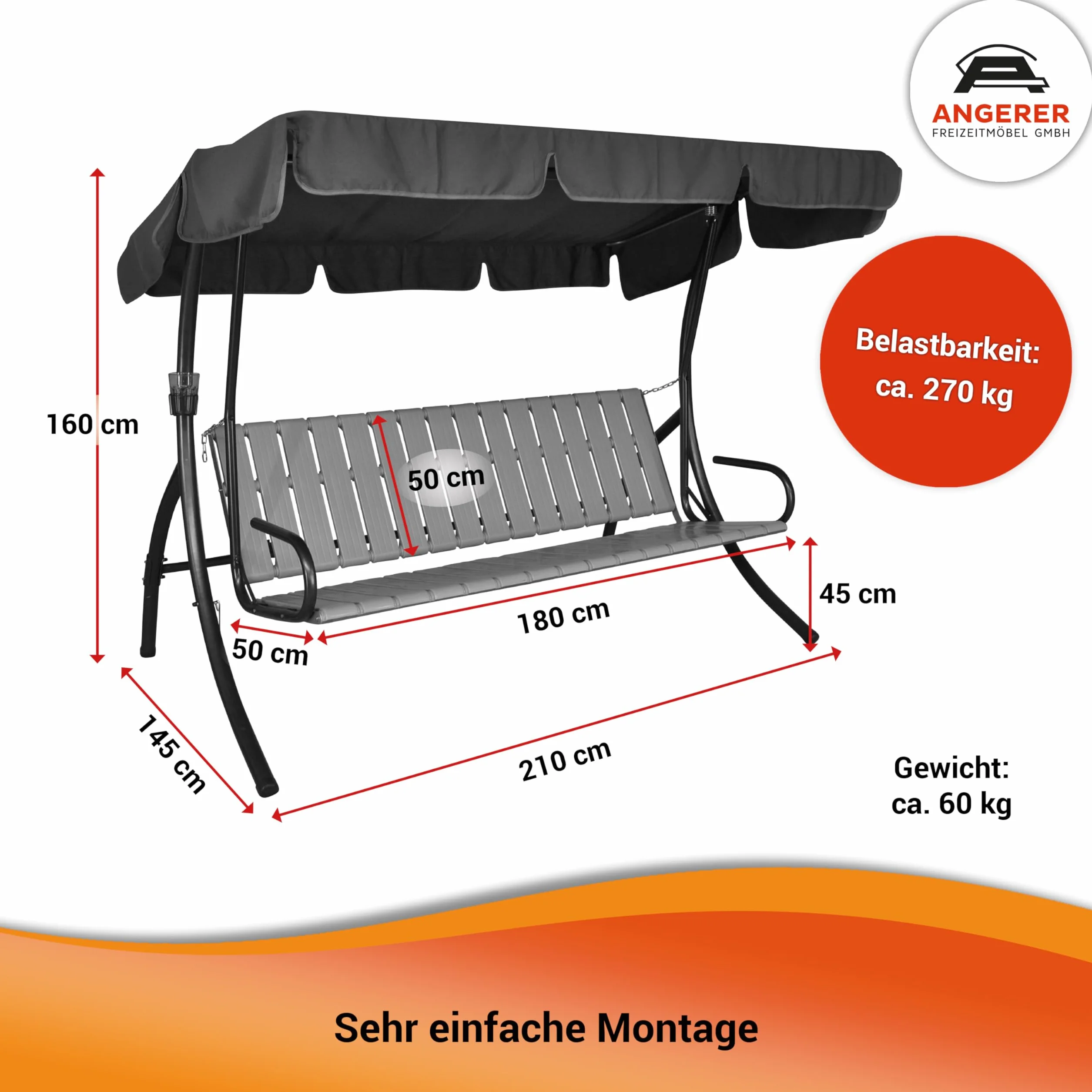 ANGERER Dondolo Hollywood Trend – Altalena per sedersi, sdraiarsi e rilassarsi, con funzione letto, facile da montare, Made in Germany, federe lavabili, grigio chiaro