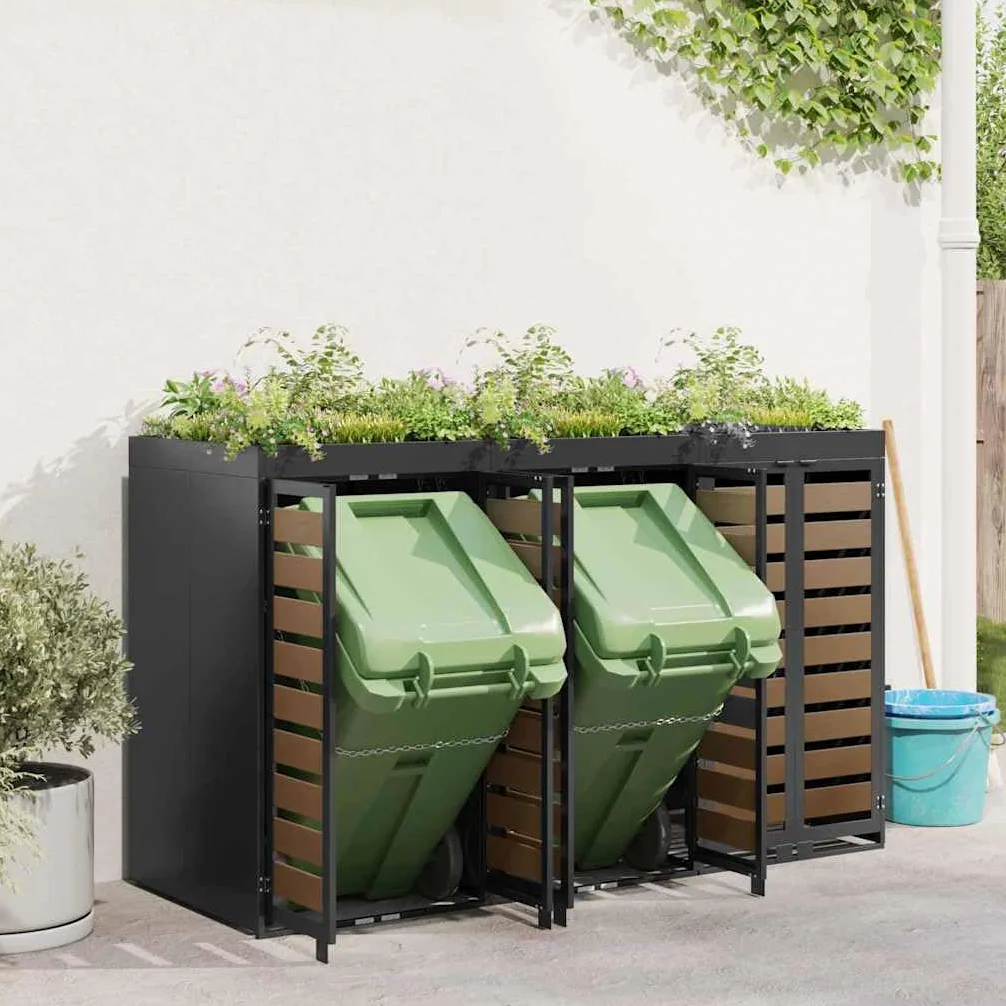Copribidoni per 3 Bidoni di Spazzatura Contenitori Pattumiera Cassonetti Rifiuti 240 L Box in Acciaio Antracite/Aspetto Larice Coperchio Bidone Resistente 3 Porte